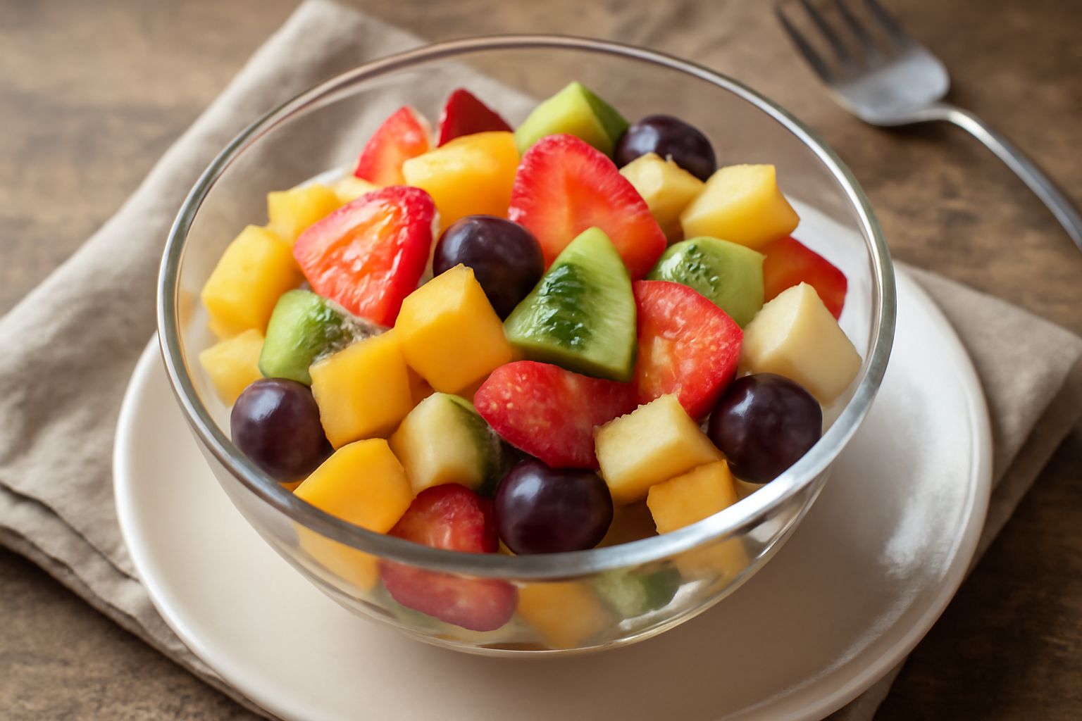 Una ciotola trasparente con macedonia di frutta fresca: mele gialle e rosse tagliate a dadini, uva bianca e viola, fragole rosse, banana a fette, melone arancio e kiwi verde, conditi con succo di limo
