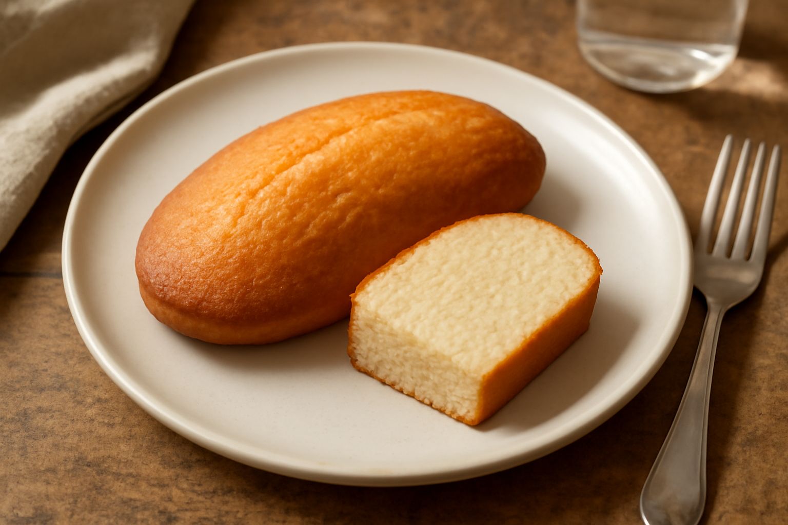 Tre maddalene dorate appena sfornate, poste su una superficie di marmo bianco, con superficie superiore leggermente spianata e colore dorato uniforme, accanto una tazza di caffè bianca