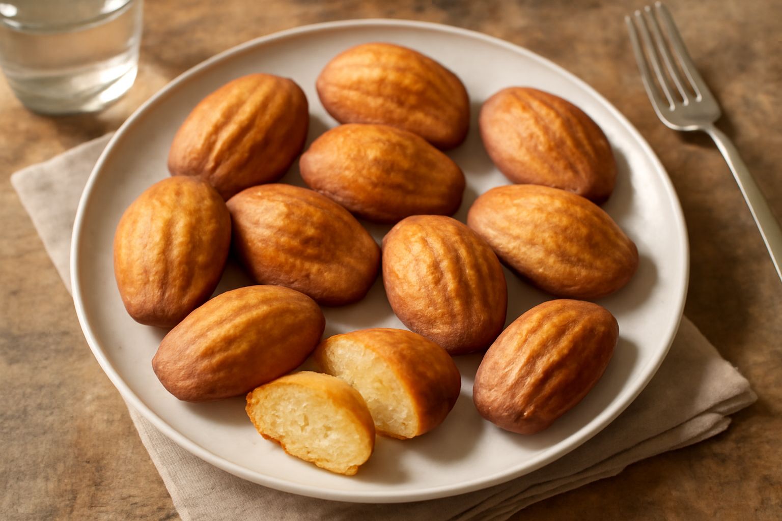 Sei madeleines piemontesi dorate e soffici disposte su un piatto bianco, con superficie irregolare brillante, colore nocciola uniforme, accanto una tazza di tè