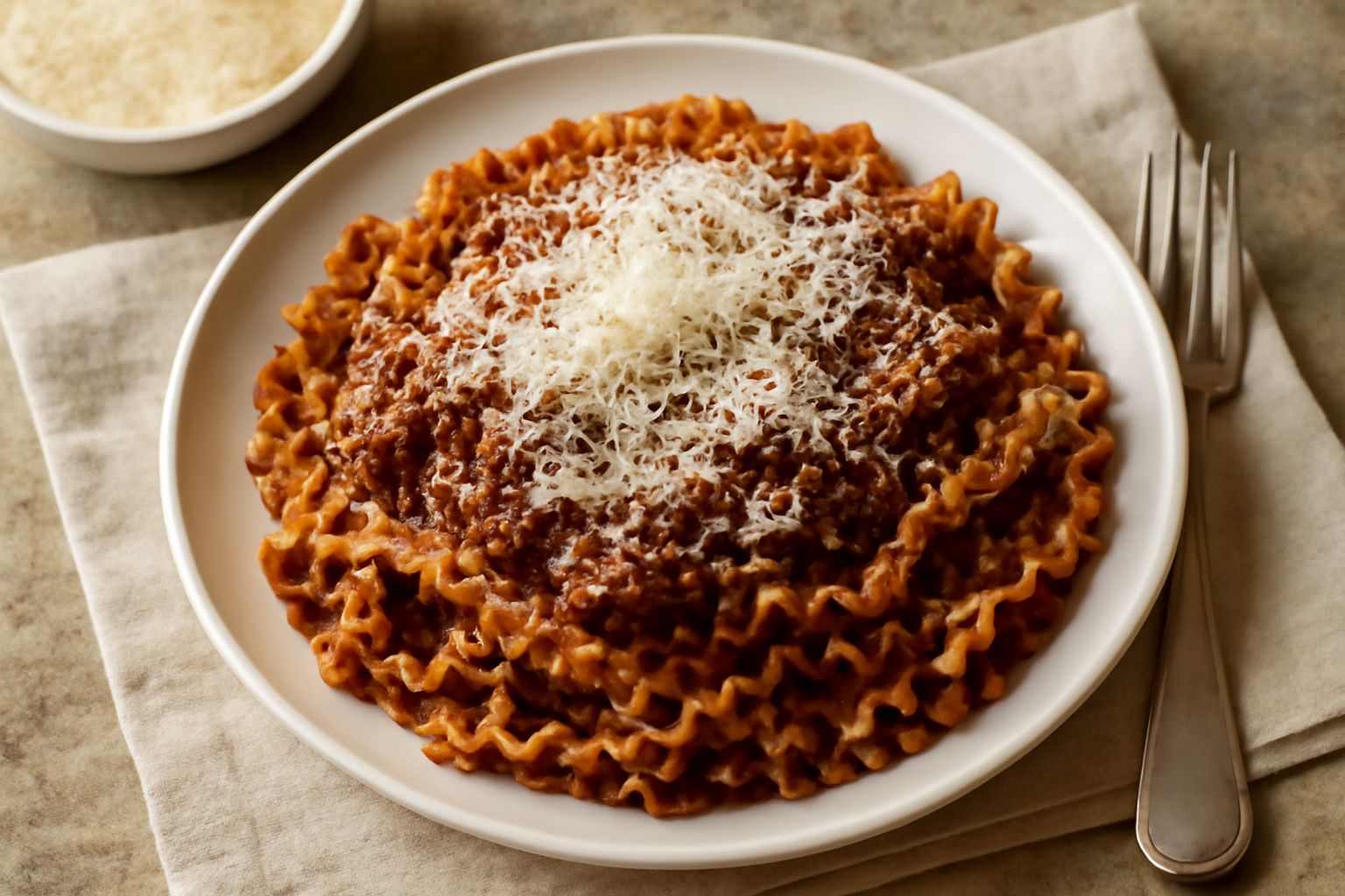 Piatto di mafaldini al ragù serviti in bianco, pasta ondulata coperta di ragù rosso scuro con carne macinata, grattugia di parmigiano sopra, forchetta a sinistra