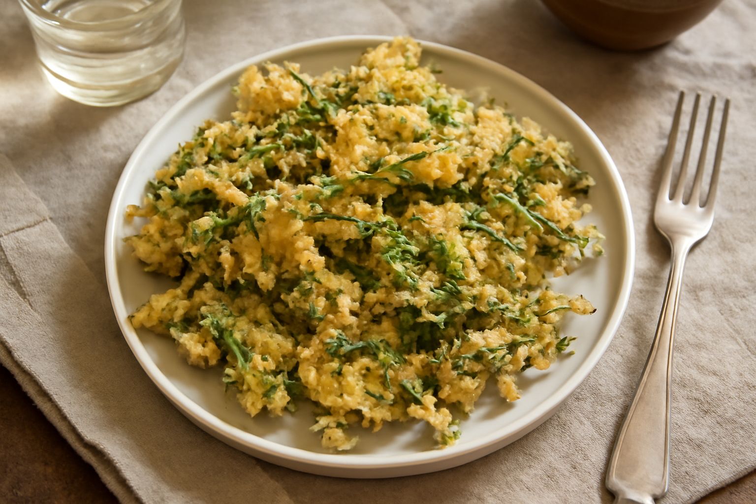 Mucchio di foglie di maggiorana fritte, dorate e croccanti, su un piatto bianco con un limone tagliato a metà sullo sfondo