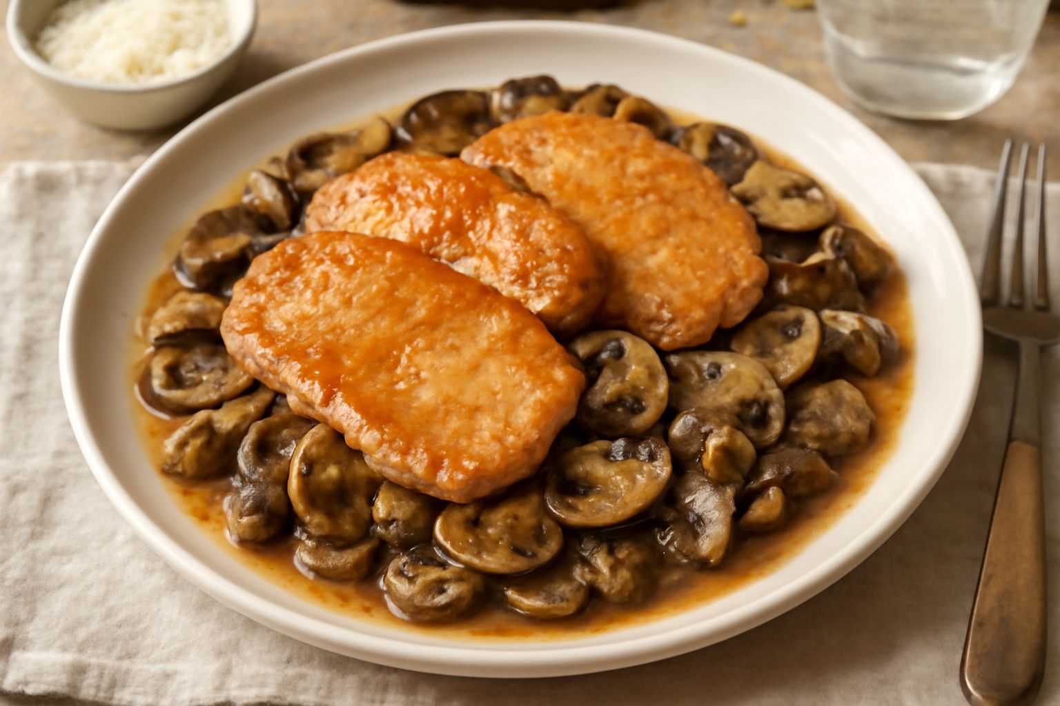 Un piatto fondo bianco con fettine di maiale cotto di colore dorato, coperte da funghi porcini e champignon trifolati di colore marrone scuro, con prezzemolo verde fresco sopra, accompagnate da un fil