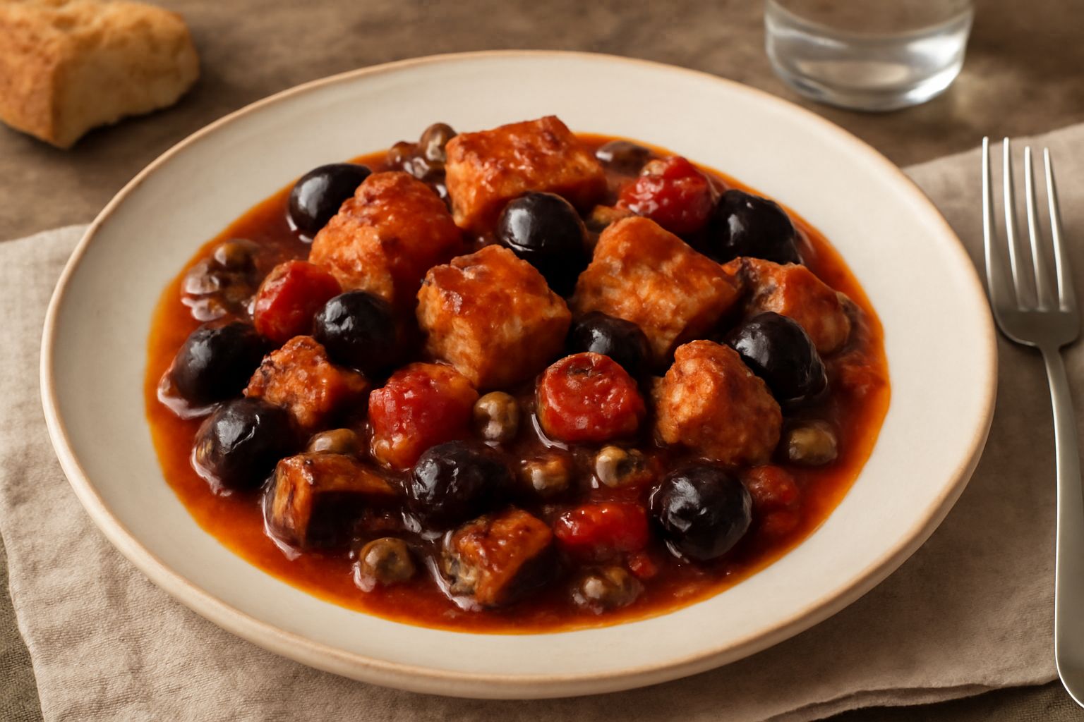 Piatto di maiale alla ghiotta con cubetti di carne maiale dorata, melanzane violacee cotte, pomodori rossi, olive nere e capperi verdi in un sugo rosso intenso, servito in piatto bianco con prezzemolo