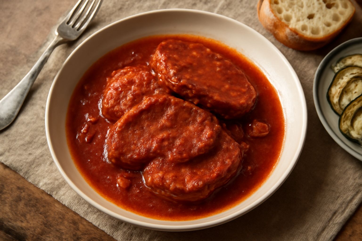 Maiale alla teramana: fette di carne rosso-marrone in umido con salsa di pomodoro, aglio e peperoncino rosso, servito in piatto bianco con contorno di verdure grigliate