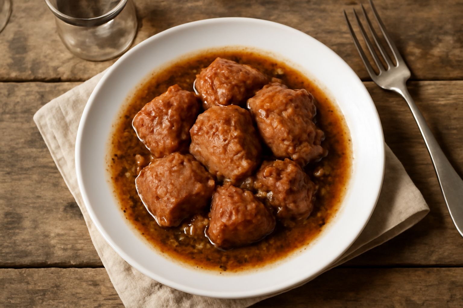 Maiale ca' l'agghia servito in piatto bianco, carne marrone-dorata, lustrini di sugo acido, aglio sbollentato intorno, fondo di teglia scura con spezie visibili