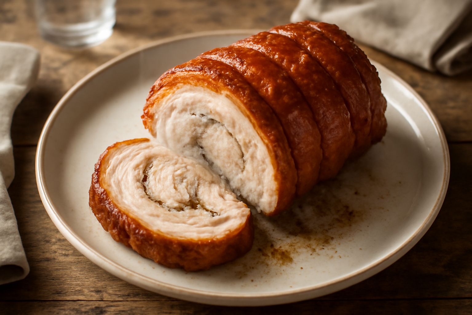 Maiale in porchetta intero dorato e croccante su un vassoio da forno, con pelle brillante e croccante, circondato da teglia di cottura scura, fresco dal forno