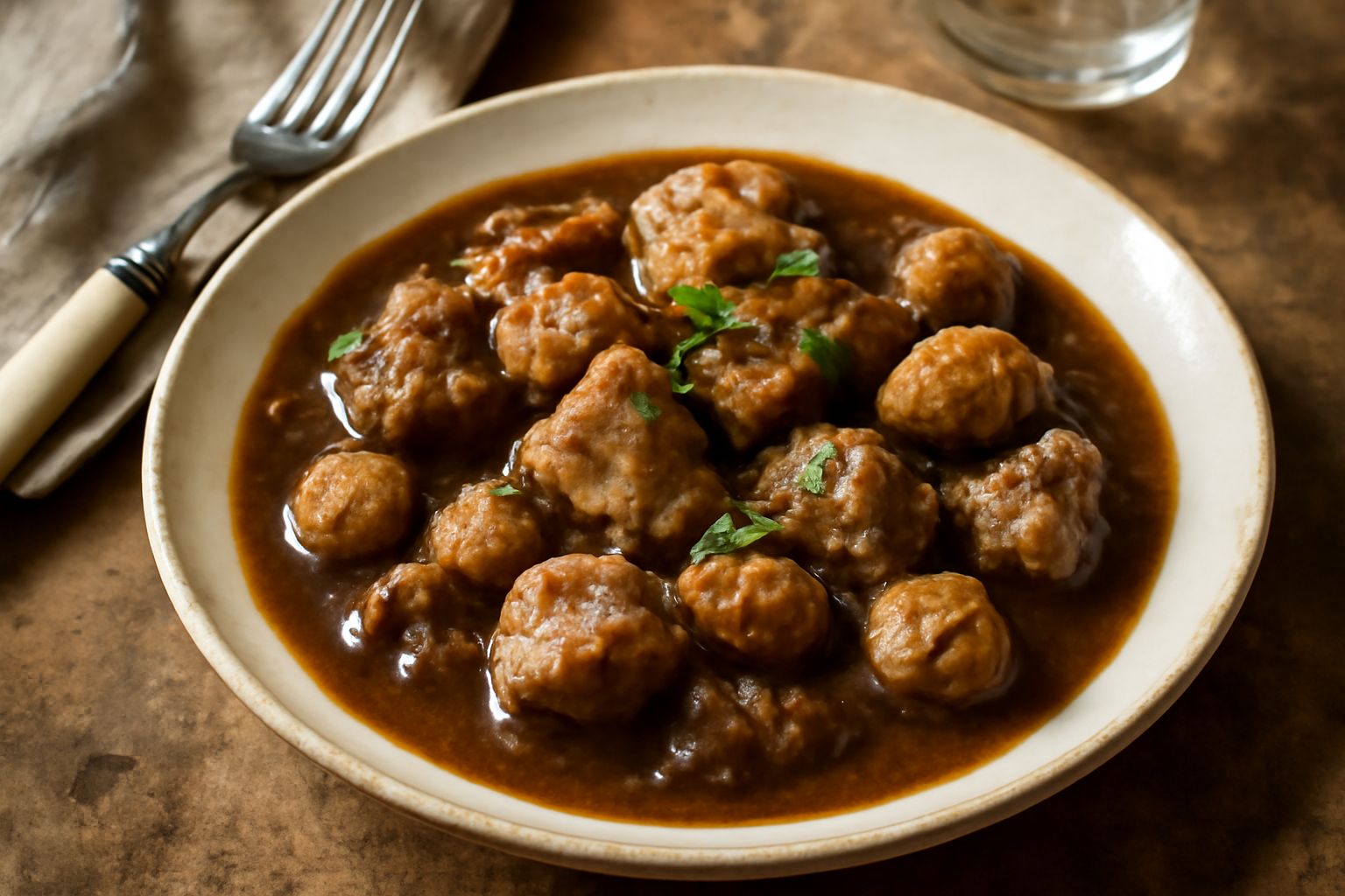 Piatto di maiale cotto in umido di colore marrone scuro con castagne intere e mezzane visibili tra la carne, salsa lucida e densa, servito in ciotola bianca con prezzemolo fresco tritato sparse in cim