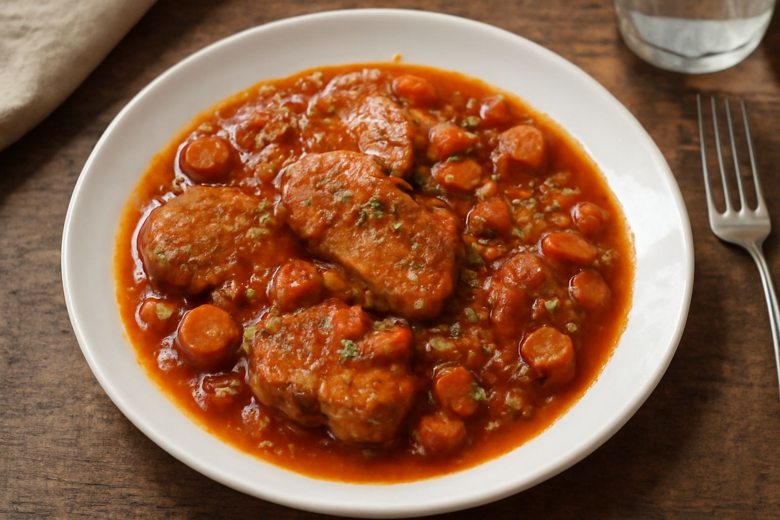 Un piatto bianco con fette di maiale cotto morbido in sugo rosso pomodoro, circondato da carote, sedano e cipolle caramellate, guarnito di prezzemolo fresco, vapore ancora visibile dal caldo