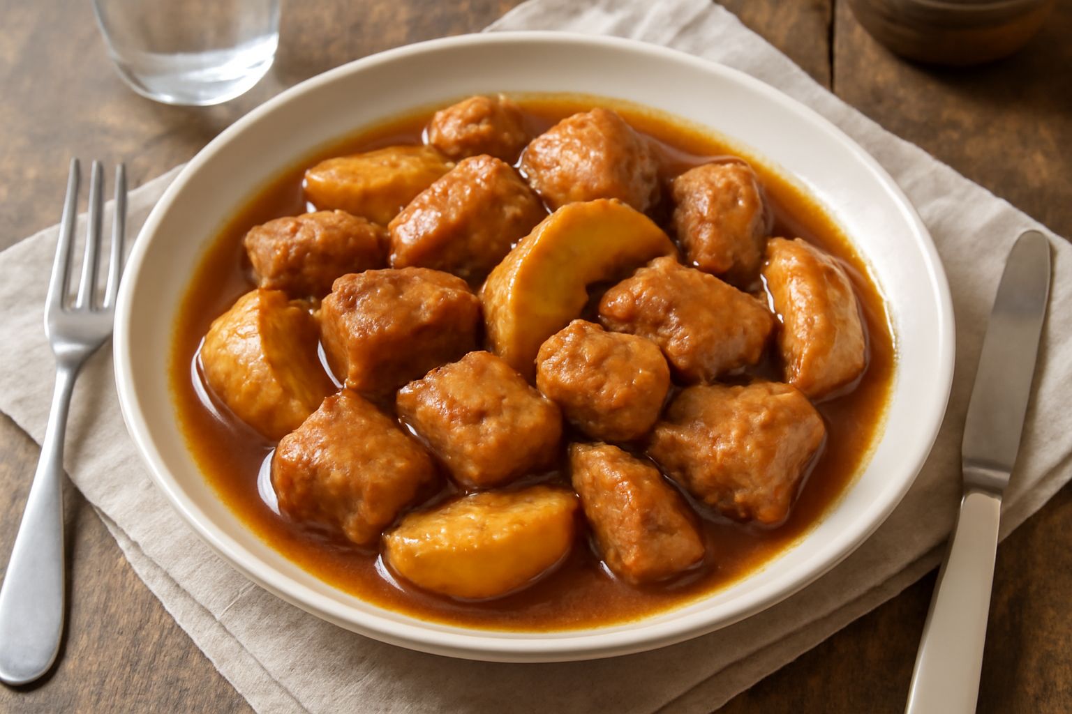 Piatto bianco con pezzi di maiale tenero in salsa scura, mele tagliate a spicchi semi-trasparenti, guarnito con rosmarino fresco. Accanto un piatto di pane integrale e una pentola di cottura sullo sfo