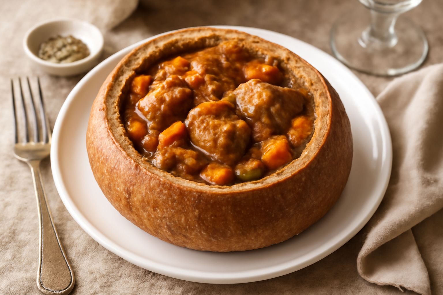 Maiale in umido cotto all'interno di pane integrale scavato, con pezzi di carne morbida visibili nel sugo, contornato da fette di pane tostato e spruzzato di prezzemolo fresco