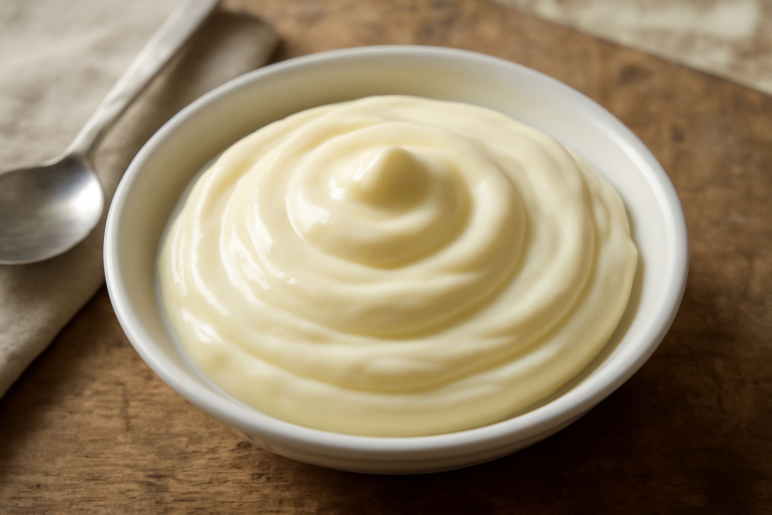 Maionese bianca e lucida in una ciotola di porcellana bianca, con un cucchiaio di legno immerso nella crema, sfondo neutro grigio