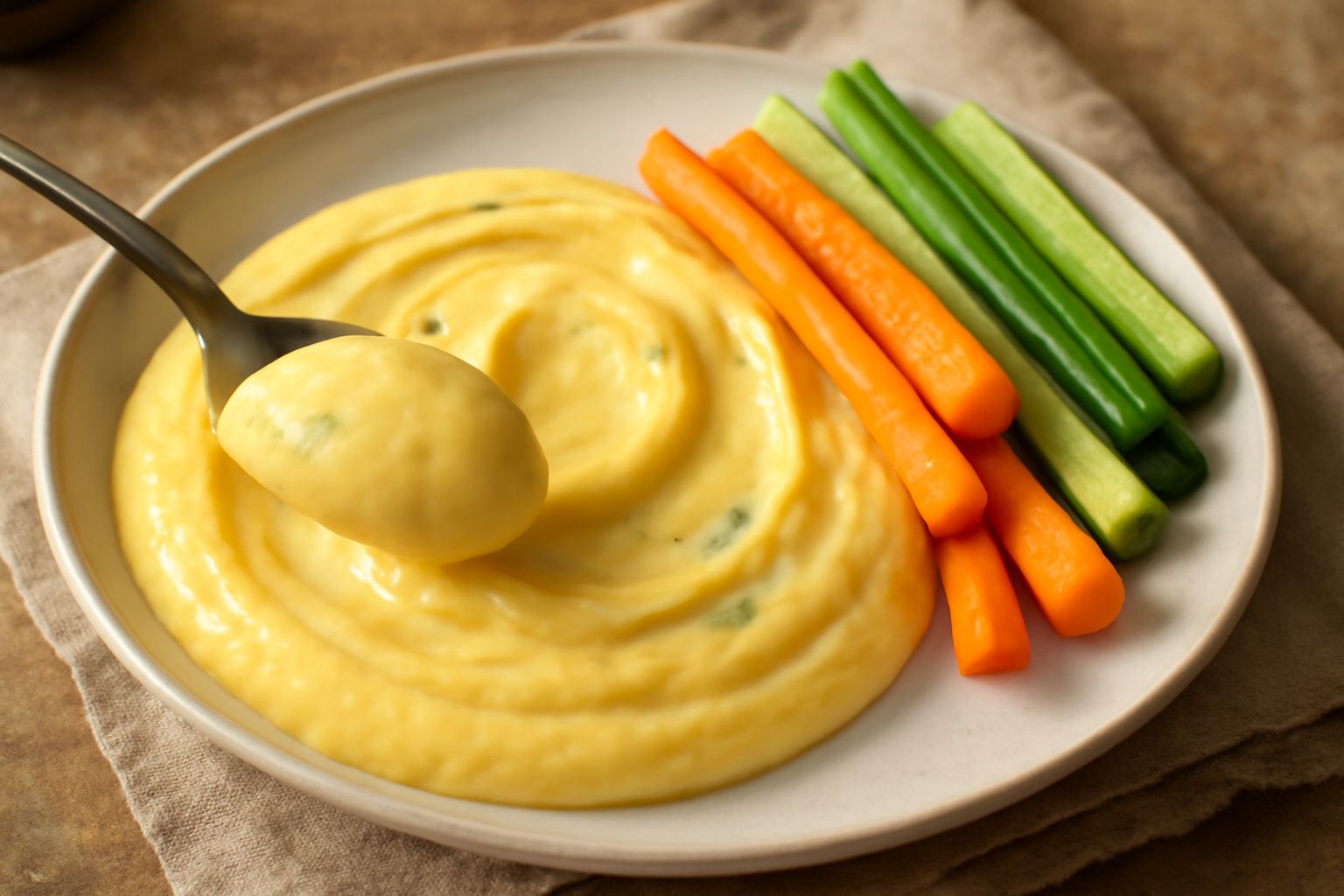 Maionese ai formaggi giallo-dorata in una ciotola di ceramica bianca, con accanto bastoncini di verdura cruda e pane tostato, illuminazione naturale da lato