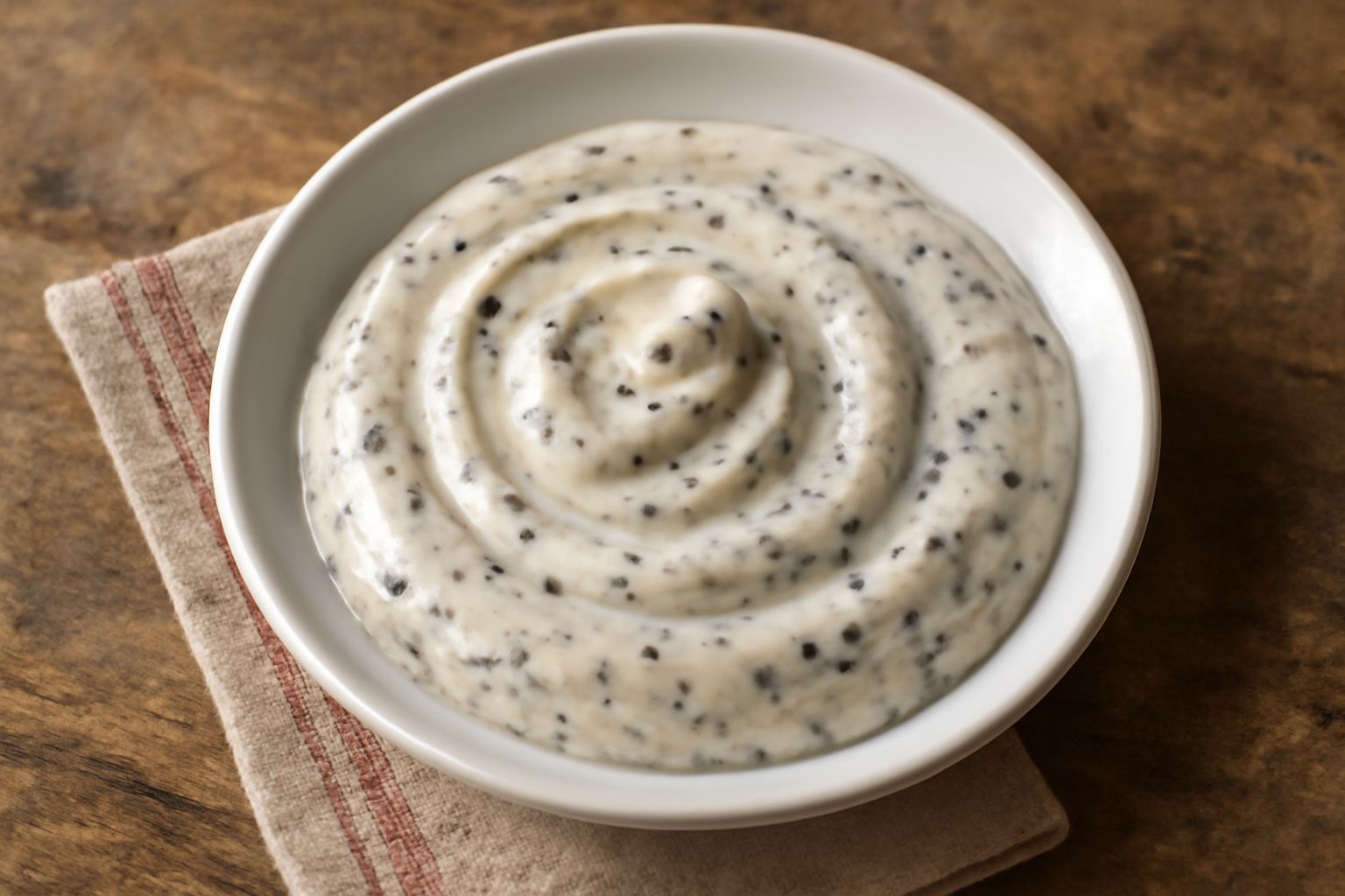 Maionese al tartufo di colore bianco crema con sfumature grigio-nere, servita in una ciotola bianca con scaglie di tartufo nero visibili in superficie e un cucchiaio di legno accanto
