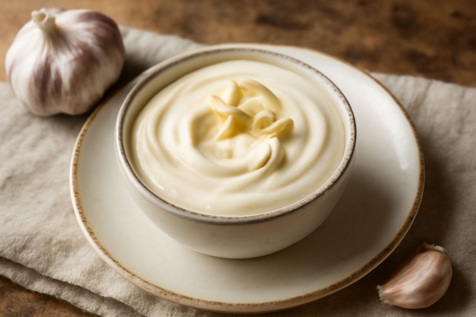 Maionese all'aglio color crema in una ciotola bianca, con superficie liscia e lucida, accanto a uno spicchio d'aglio e un cucchiaio in legno, su fondo bianco