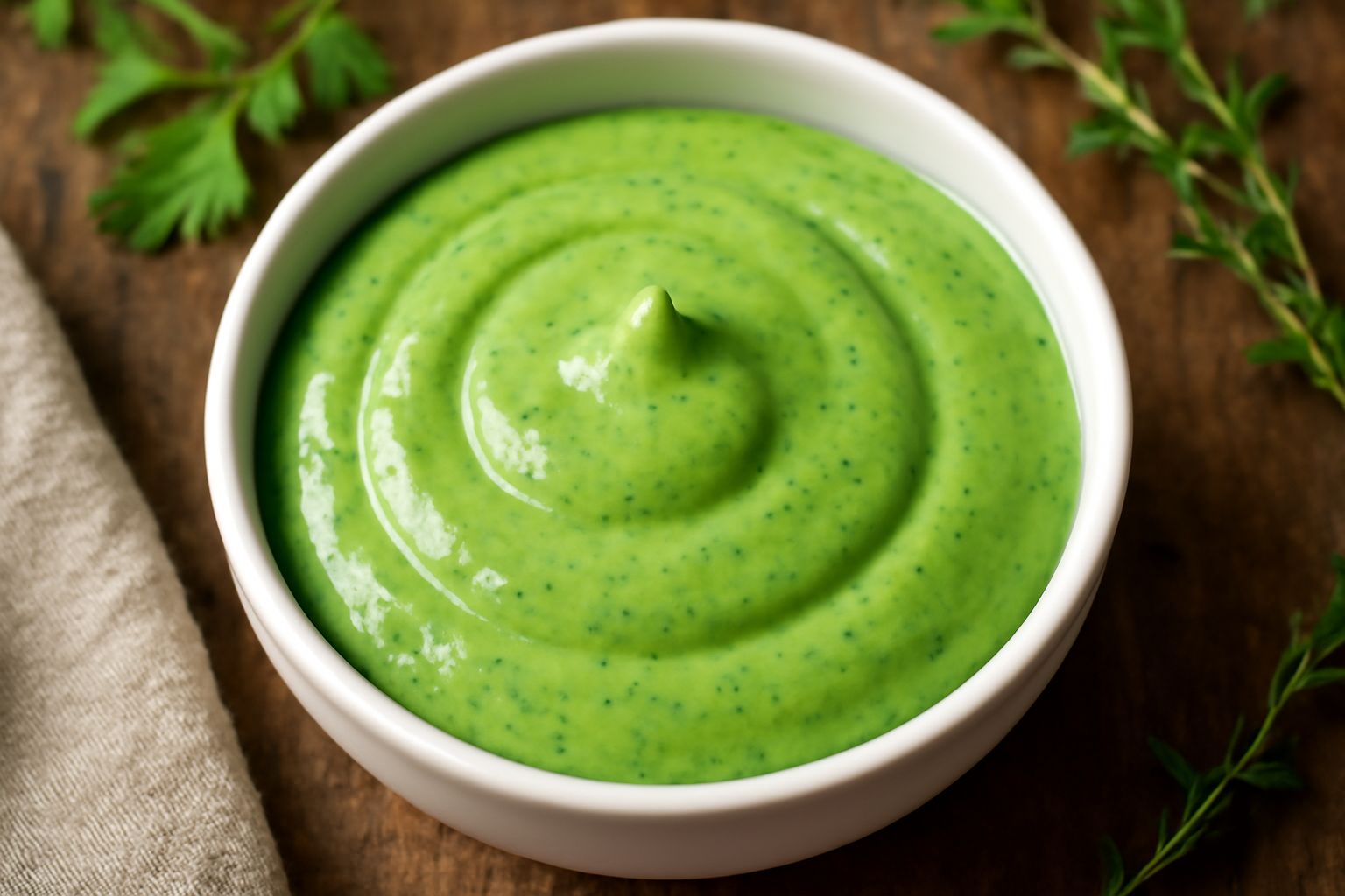 Maionese alle erbe color verde smeraldo in una ciotola bianca, con foglie di prezzemolo e basilico fresco attorno e un cucchiaio immerso nella salsa cremosa