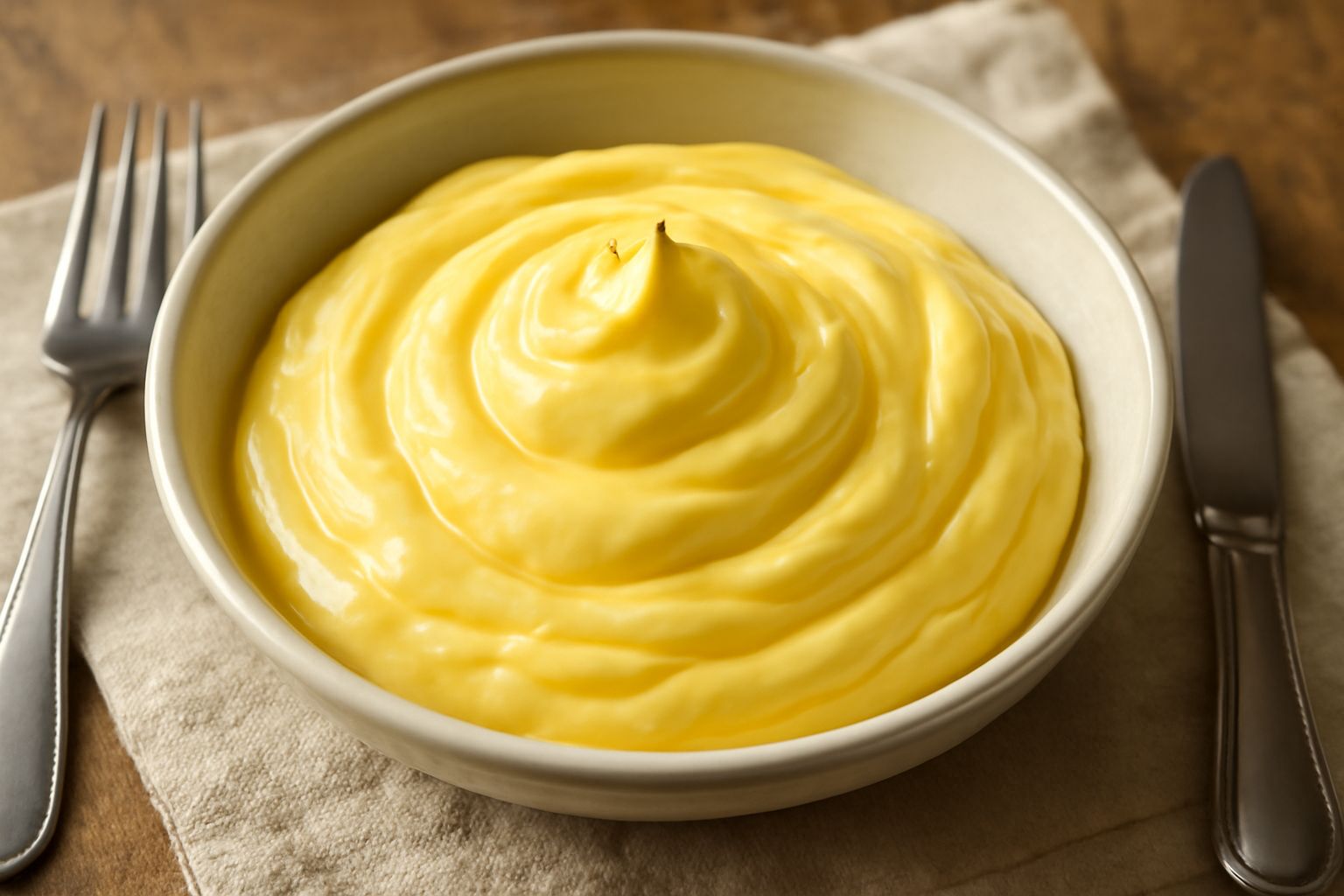 Maionese bergamasca cremosa di color giallo paglierino in una ciotola di ceramica bianca, con un cucchiaio di legno appoggiato, su sfondo di cucina con accanto uova e una bottiglia di olio