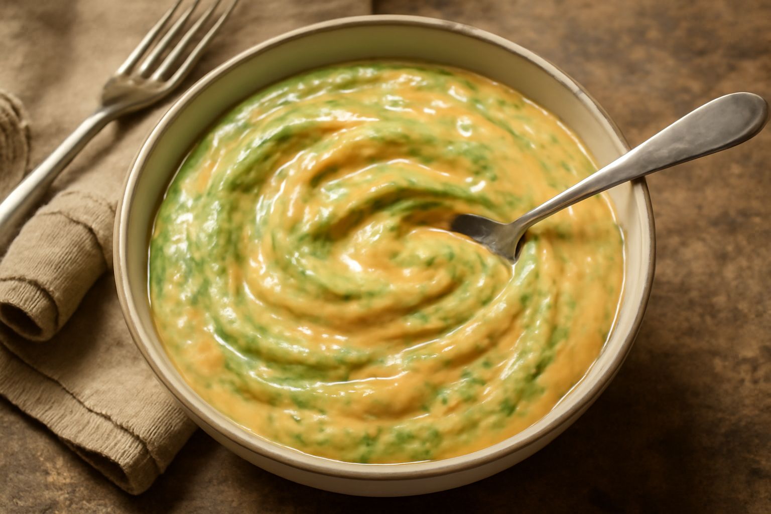 Maionese verde-arancio con sfumature arancioni, servita in una ciotola bianca con fondo visibile di carota grattugiata e spinaci tritati, accompagnata da bastoncini di verdure crude accanto