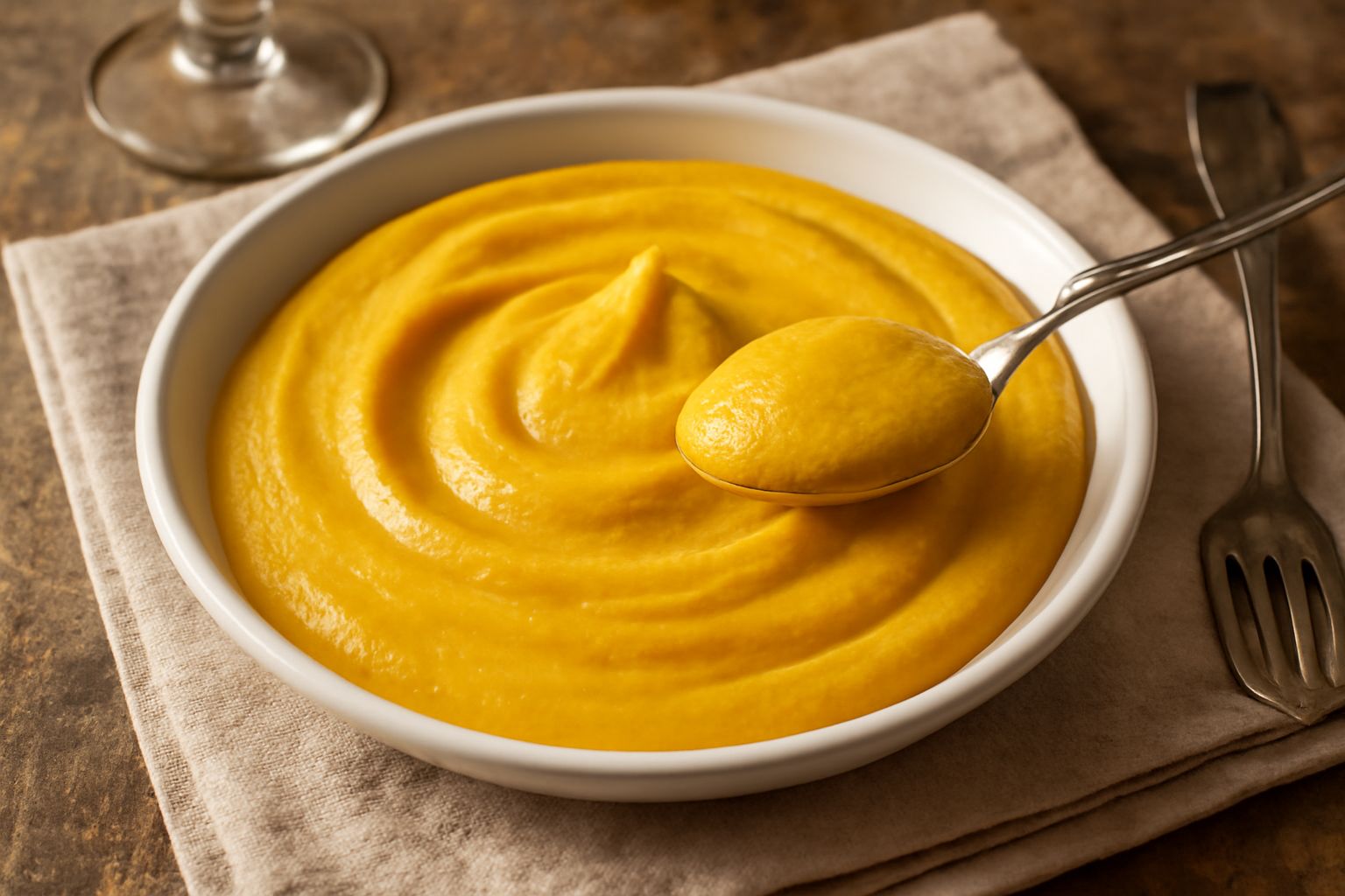 Maionese mantovana di colore giallo dorato in una ciotola di ceramica bianca, liscia e cremosa, con un cucchiaio di legno immerso, sfondo neutro