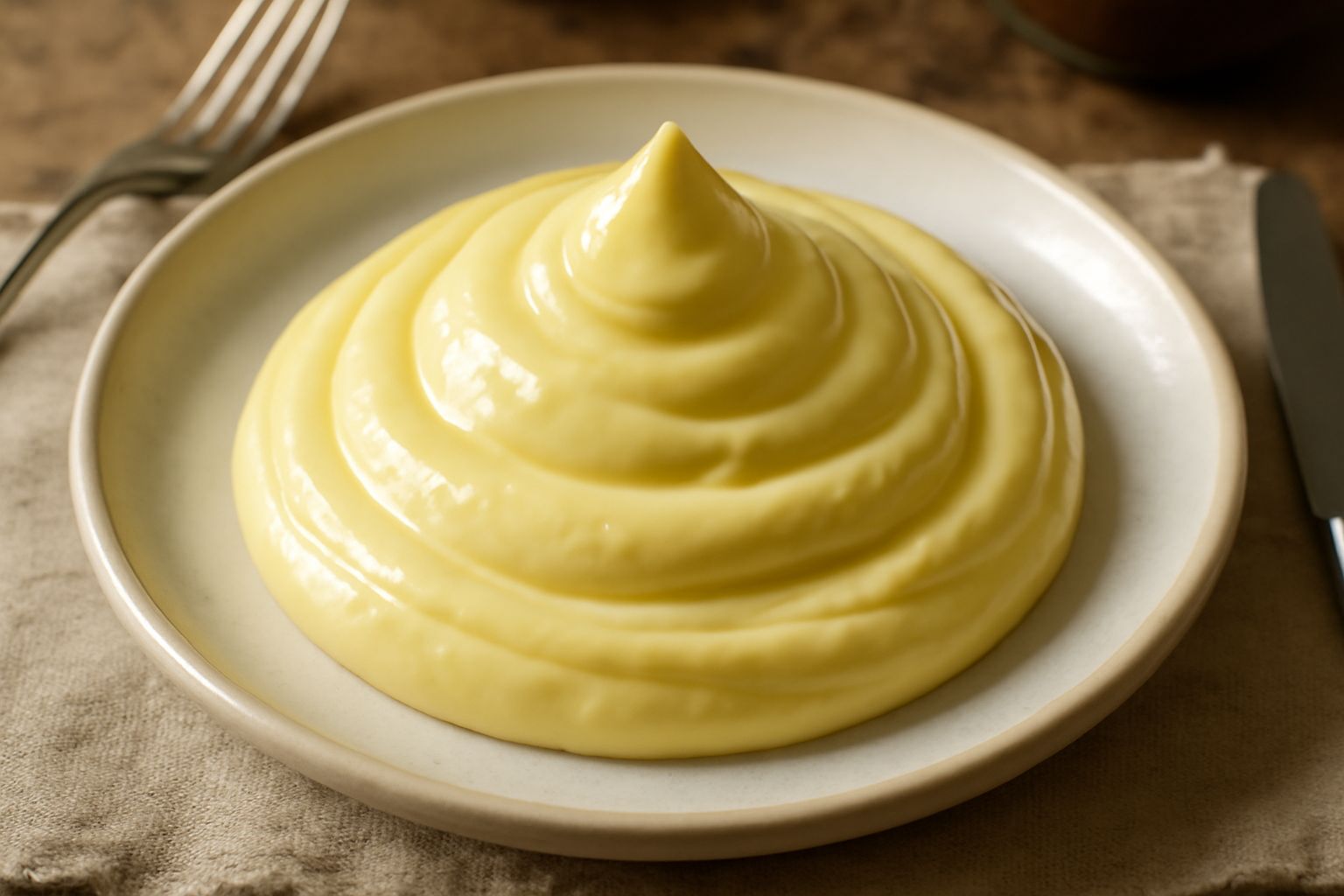 Ciotola di ceramica bianca con maionese cremosa di colore giallo pallido, cucchiaio di legno immerso nella crema, su sfondo neutro grigio