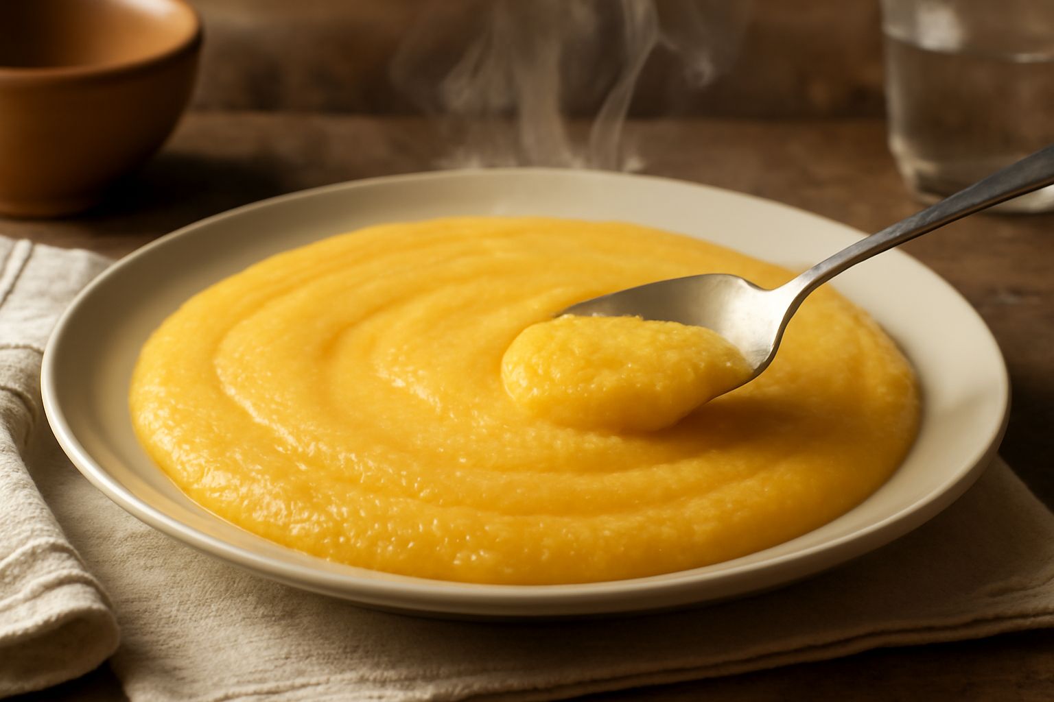 Una ciotola di polenta cremosa di colore giallo dorato, servita con un filo di olio extravergine in superficie, contornata da erbe fresche e parmigiano grattugiato, su fondo di legno scuro