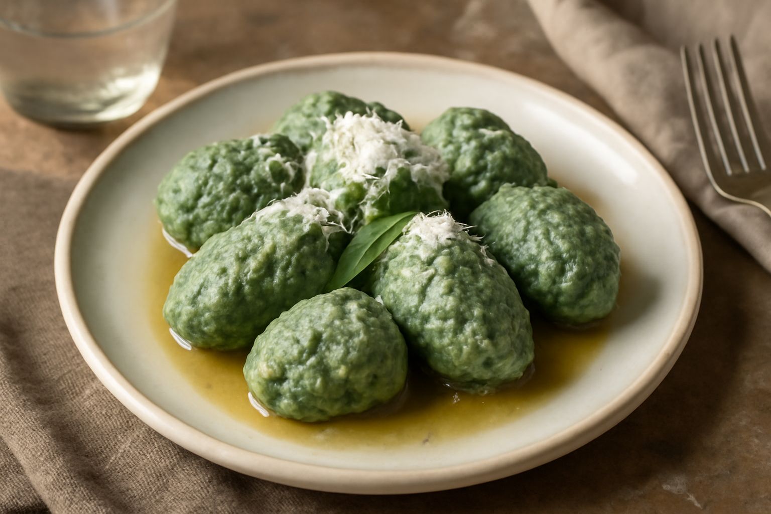 Malfatti color verde scuro in un piatto bianco conditi con burro fuso e salvia fresca, serviti con parmigiano grattugiato