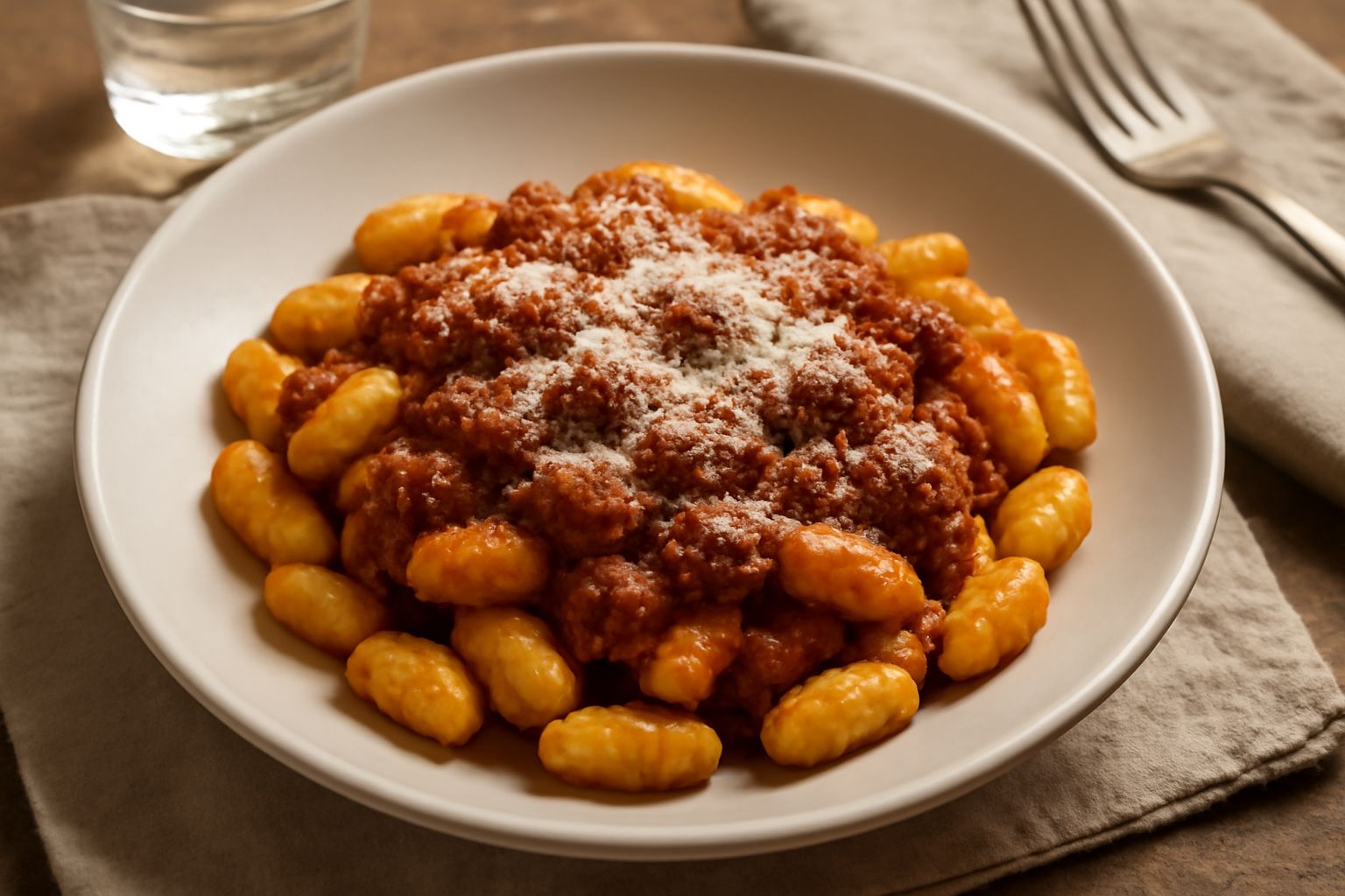 Piatto di malloreddus caldi, gnocchetti gialli di semola ricoperti di ragù rosso scuro e grattugiata di pecorino bianco, conditi con una foglia di prezzemolo fresco