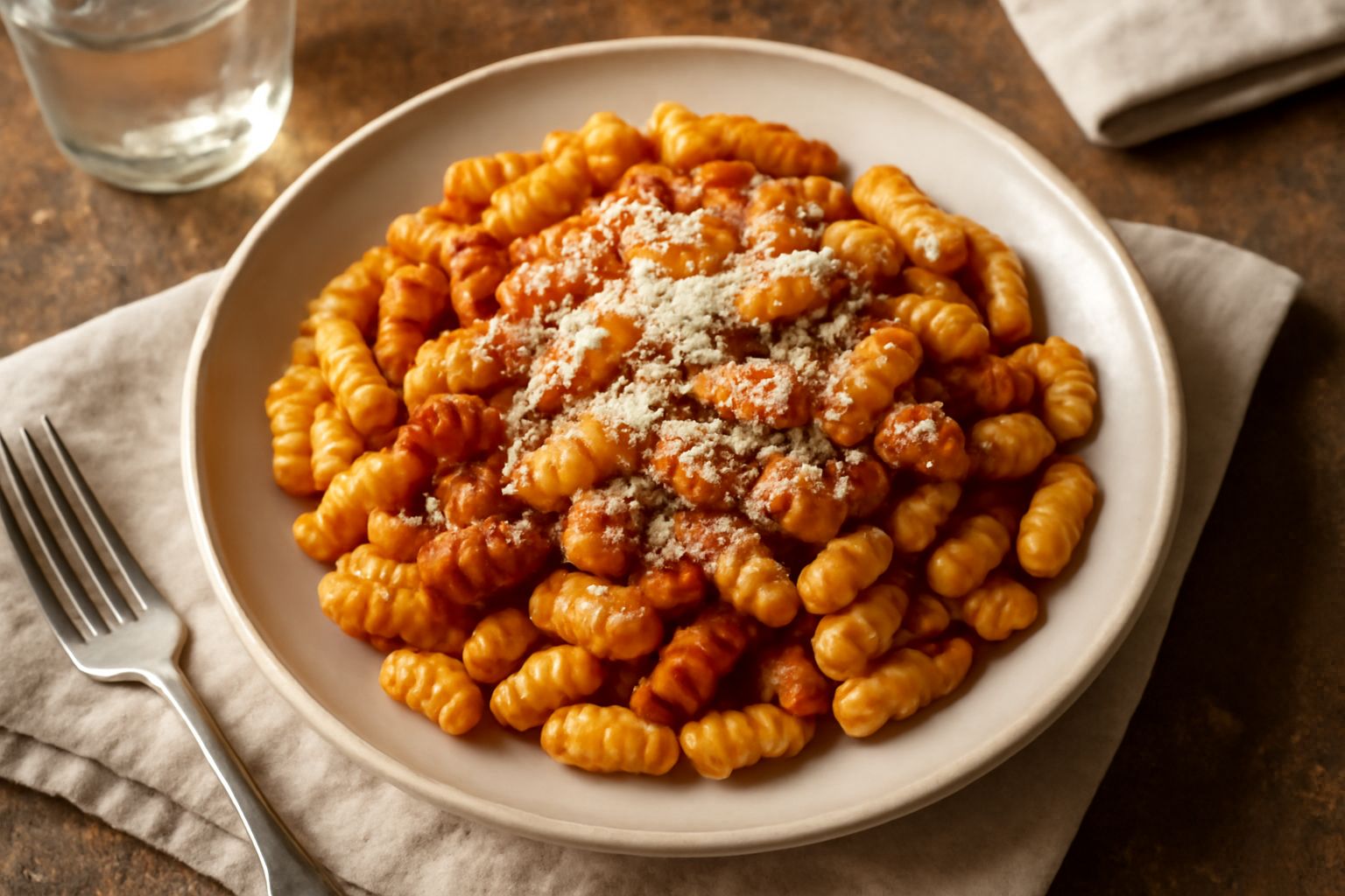 Piatto di malloreddus gialli striati, conditi con ragù di carne rosso-brunastro, spolverato di pecorino bianco grattugiato, con filo di ragù intorno e base di piatto bianco