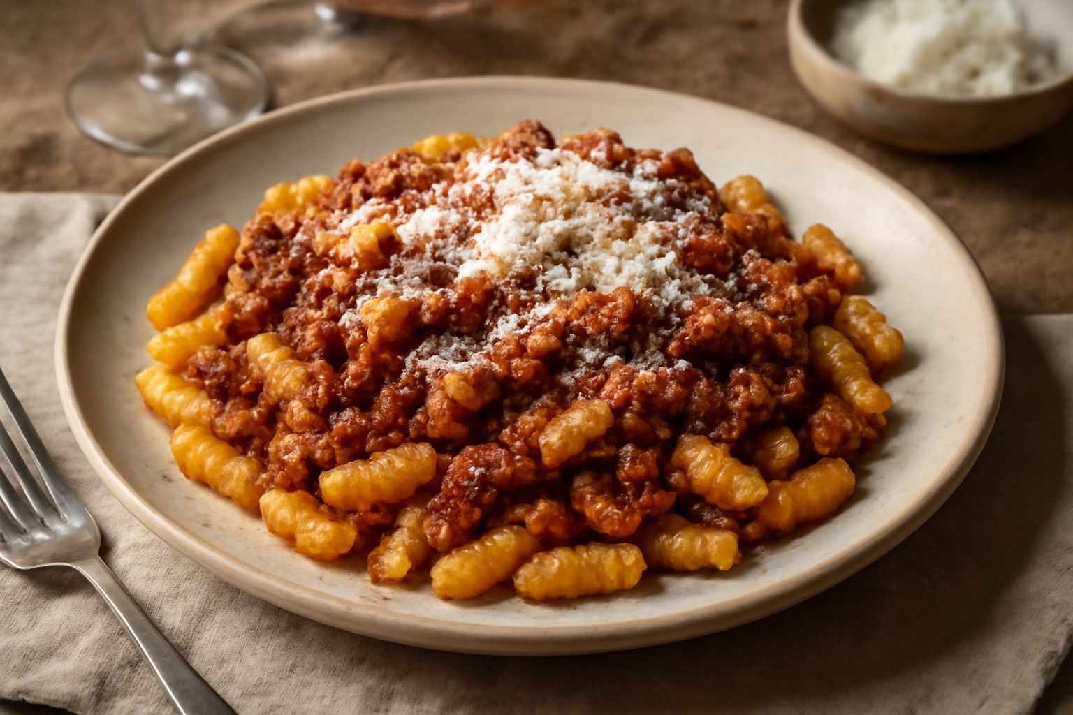 Piatto di malloreddus ca' sardi con ragù rosso di carne, gnocchetti gialli rigati, spolverati di formaggio pecorino grattugiato, serviti in piatto bianco fondo