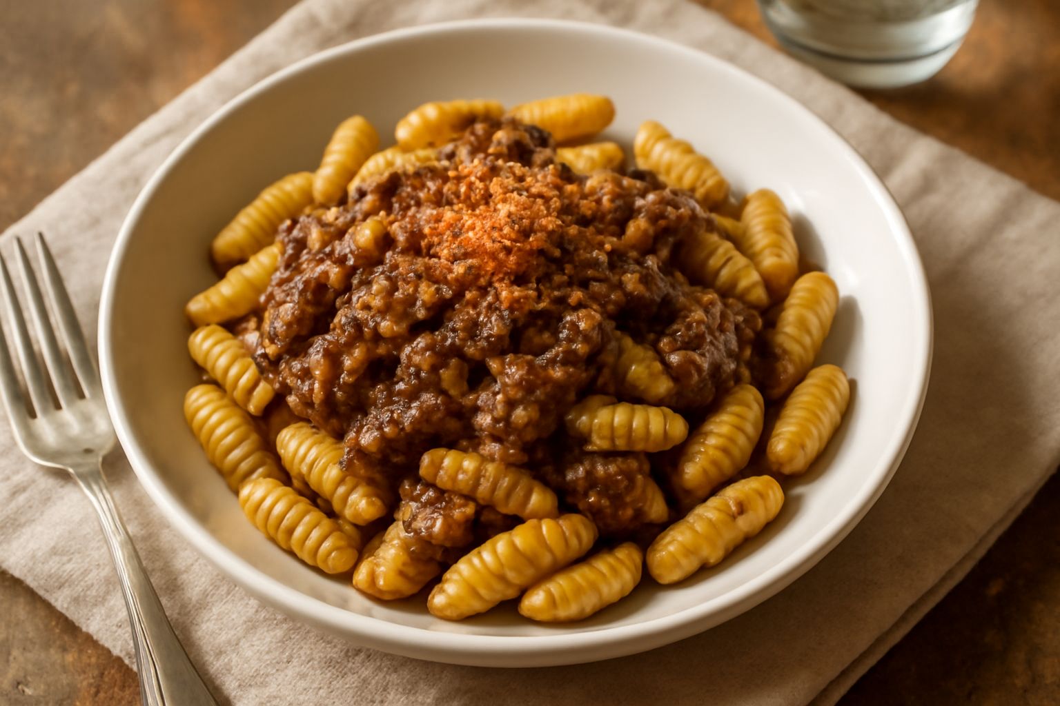 Piatto fondo con malloreddus gialli rigati, ricoperti di ragù marrone scuro di bottarga, guarniti con un filo di olio extravergine e bottarga grattugiata dorata in cima, su sfondo di lino bianco