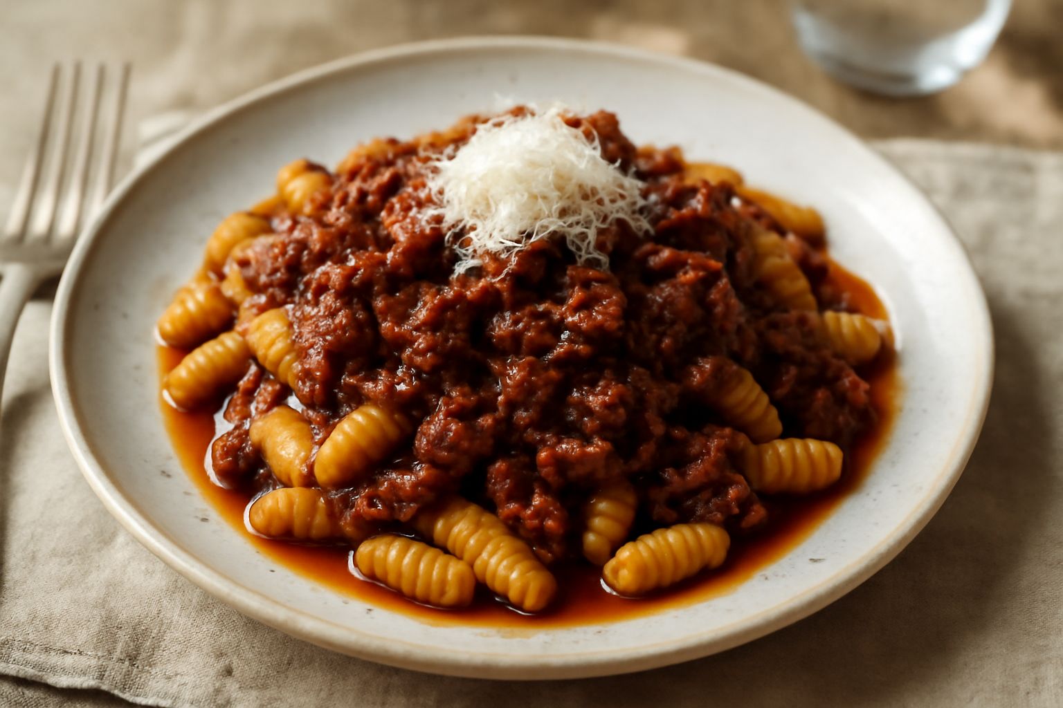 Piatto di malloreddus con ragù di lepre rosso-brunastro, pasta rigata color giallo-oro, decorato con formaggio grattugiato e prezzemolo fresco, su piatto bianco