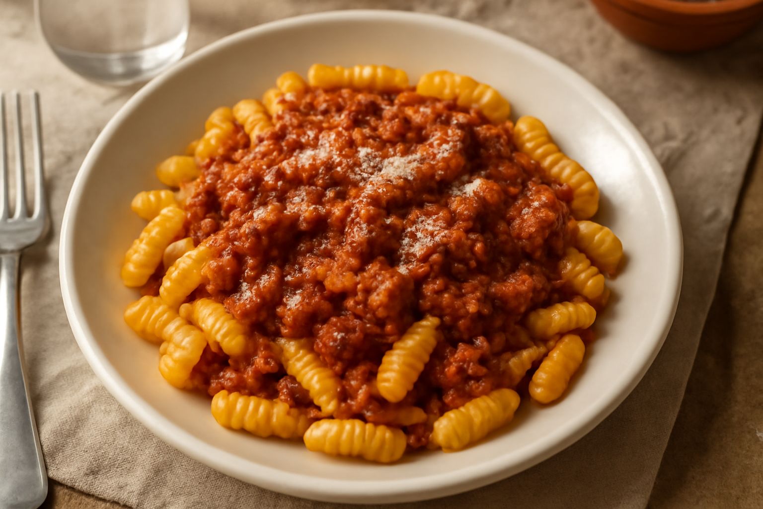 Piatto di malloreddus di colore giallo dorato ricoperti di sugo rosso scuro di salsiccia, pezzi di salsiccia visibili, grattugiata di formaggio pecorino bianco, serviti in ciotola di ceramica su tavol
