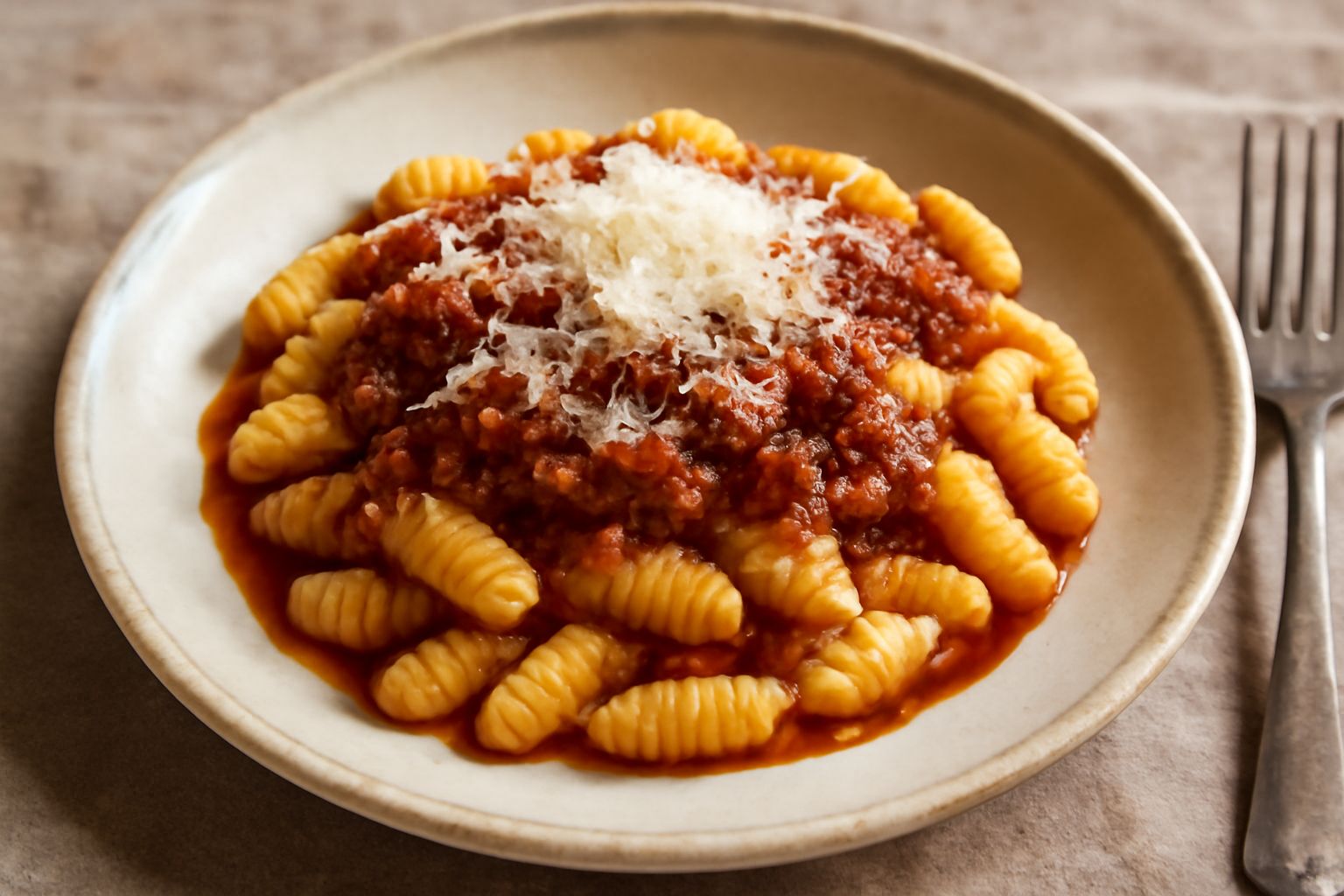 Piatto di malloreddus gialli con ragù rosso bruno di maiale, grana grattugiata, bordo bianco e cucchiaio di legno, primo piano luminoso