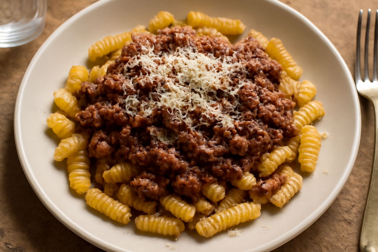 Piatto di malloreddus giallastri con righe marcate, conditi con ragù di carne marrone scuro e denso, guarniti con formaggio sardo grattugiato e pepe nero, su fondo bianco