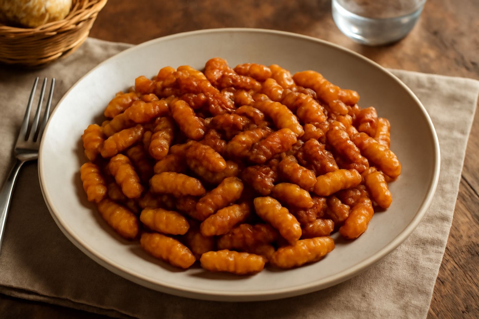 Malloreddus de pani con ragù rosso in un piatto bianco, gnocchetti gialli solcati dai rebbi della forchetta, coperti di sugo di carne marrone scuro e grana grattugiato giallo, seduti su un piatto di c