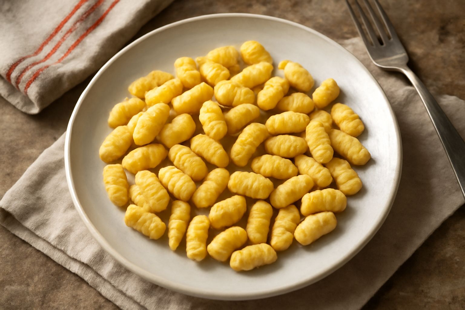 Malloreddus dorati e rugosi su un piatto bianco, conditi con sugo di pomodoro rosso e scaglie di formaggio duro giallo, con contorno di verdure grigie sfumate