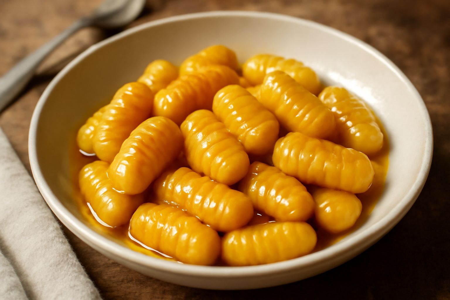 Piatto di malloreddus dolci dorati ricoperti di miele ambrato e granella di noci tostate, ancora fumanti, con un bicchiere di vino bianco accanto