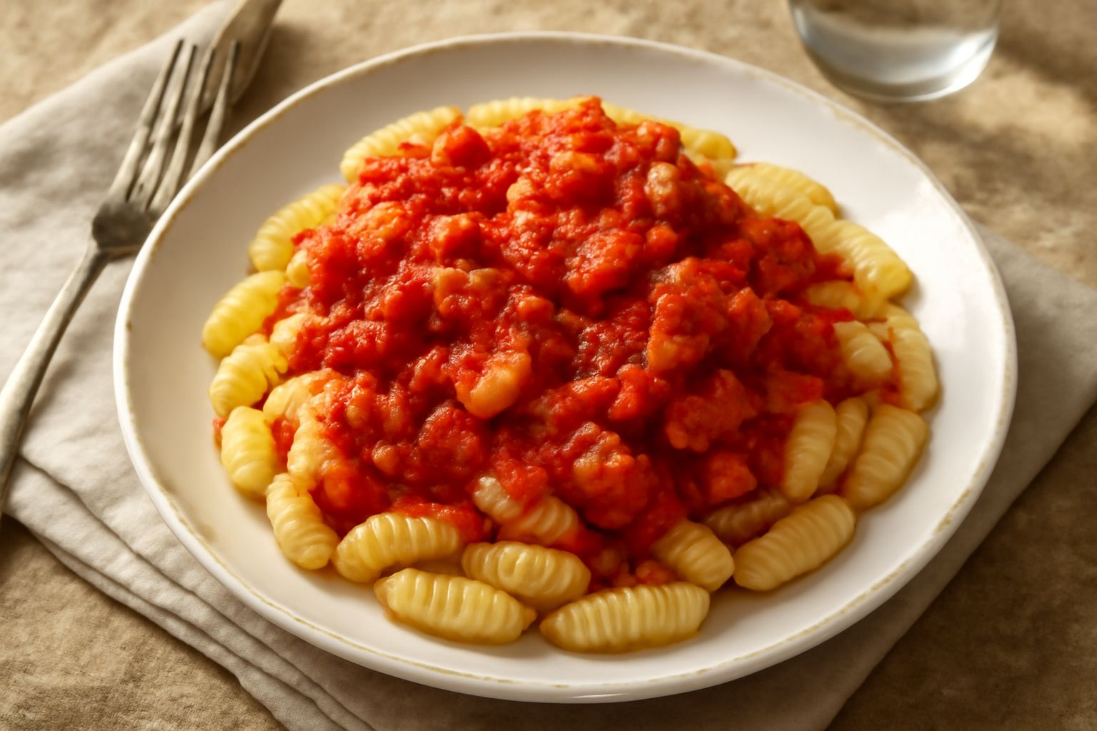 Piatto di malloreddus freddi color giallo paglierino conditi con sugo rosso di pesce e gamberi, guarniti di prezzemolo verde, serviti in ciotola bianca su fondo grigio chiaro