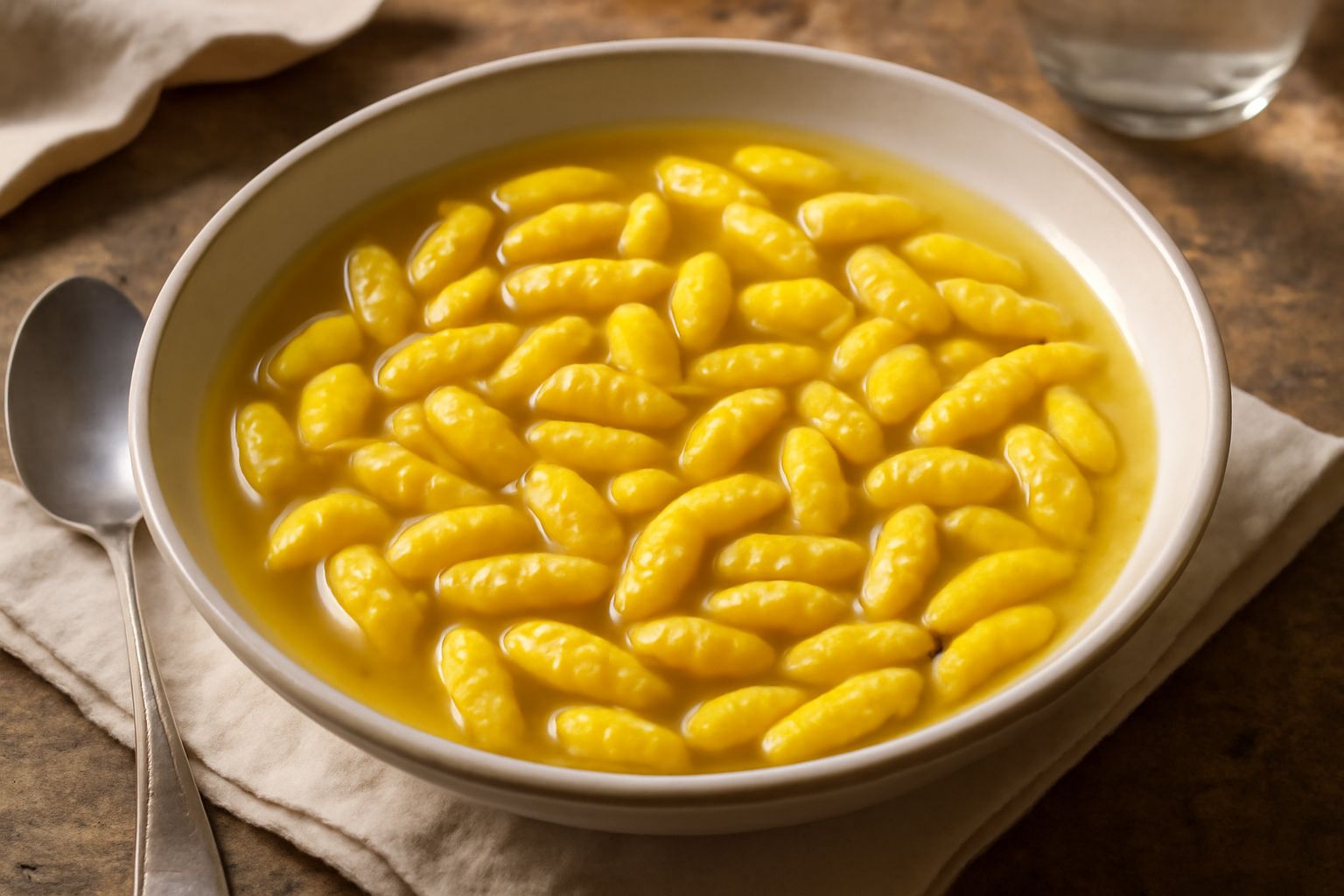 Ciotola di «malloreddus in brodo» con gnocchetti gialli gonfi immersi in brodo trasparente, guarniti con pecorino grattugiato bianco e un filo d'olio, su tavolo di legno scuro con cucchiaio