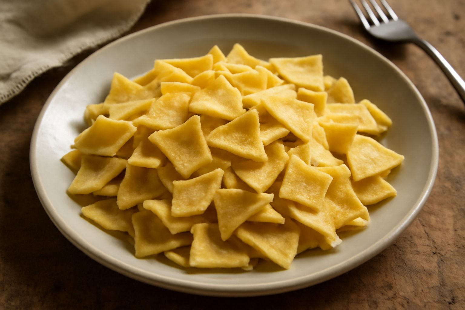 Maltagliati gialli crudi disposti su superficie di legno con uova fresche, mucchietto di semola e mattarello, alcuni pezzi sovrapposti mostrano lo spessore della sfoglia