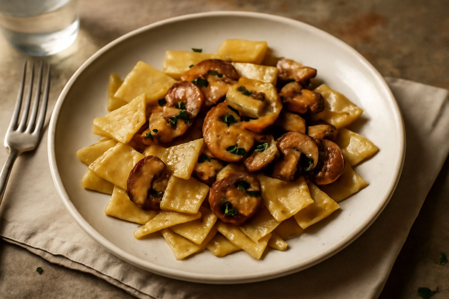 Un piatto di maltagliati ai funghi con frammenti di pasta irregolari rivestiti di funghi dorati e prezzemolo verde fresco, serviti in ciotola bianca su tavolo di legno