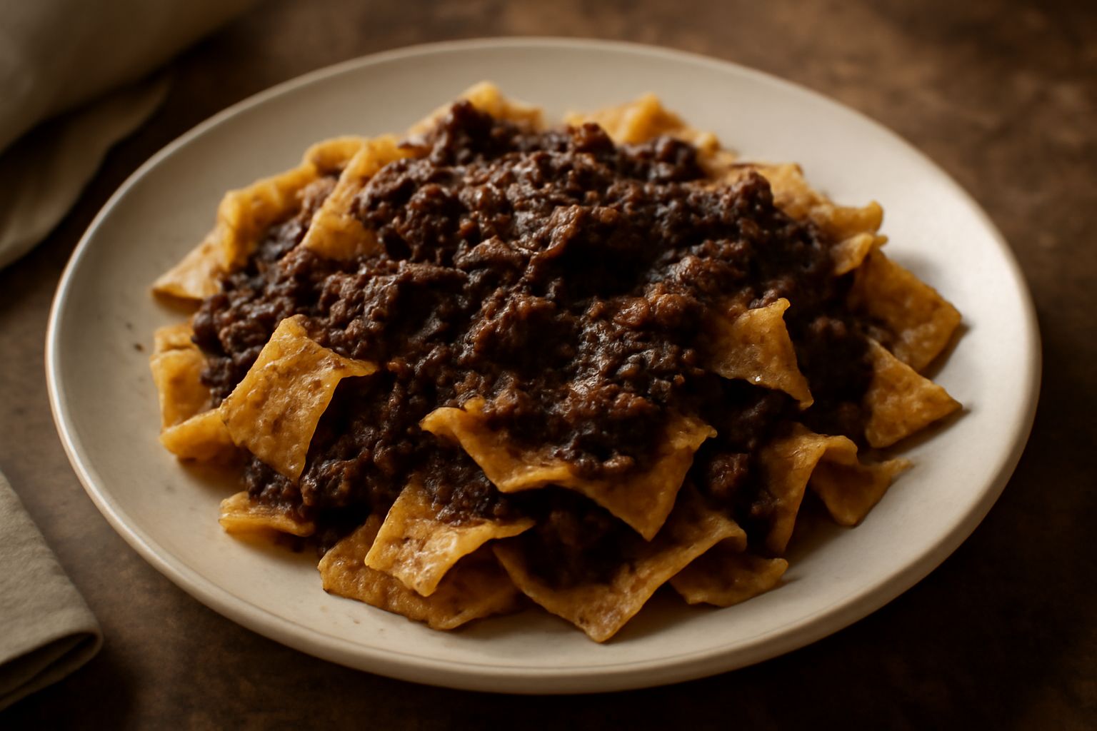 Maltagliati al cinghiale impiattati in un piatto di ceramica bianca, scaglie di pasta gialla piene di ragù scuro, grattugiato di formaggio gratuggiato sopra, con contorno di verdure grigliate sfumate 