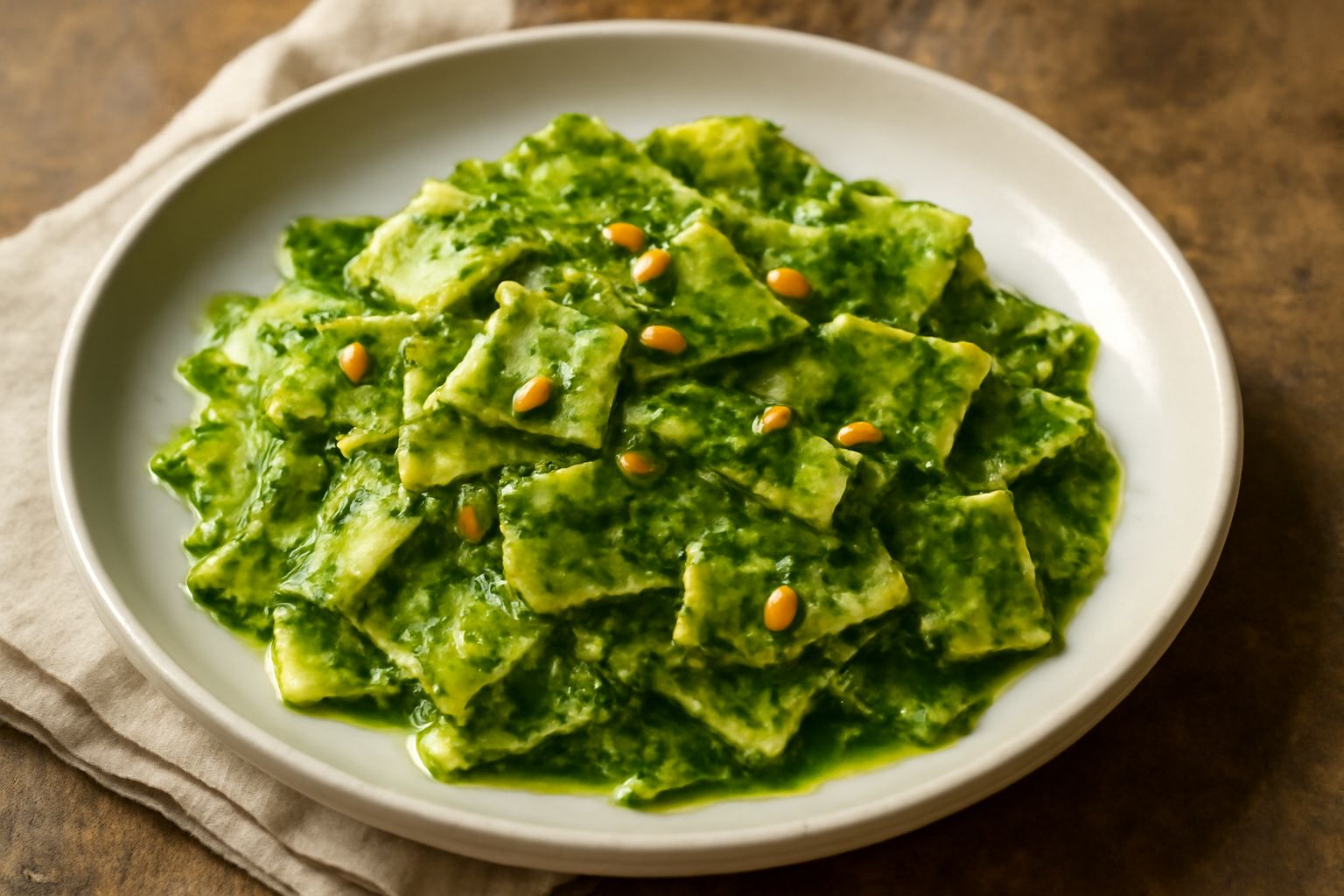 Piatto di maltagliati al pesto serviti in un piatto bianco, pasta pezzata color crema coperta da salsa verde intenso con pinoli dorati e gocce di olio d'oliva, basilico fresco come guarnizione