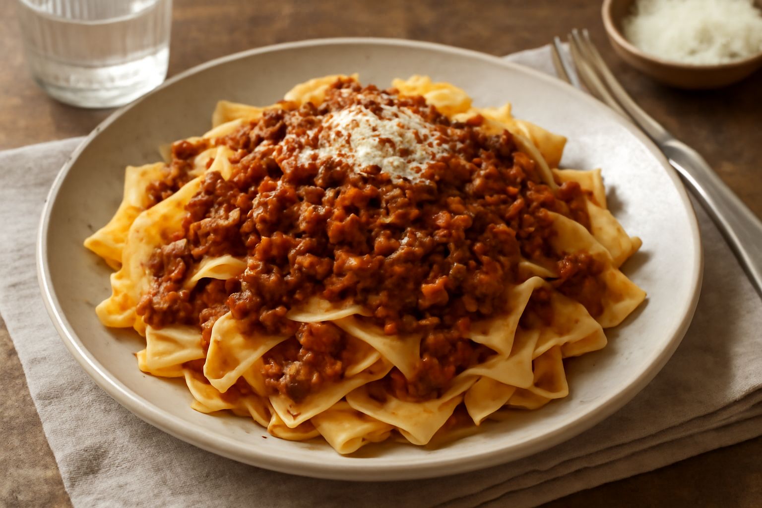 Piatto di maltagliati irregolari ricoperti di ragù rosso brunastro, grattugiato di formaggio bianco, serviti in ciotola bianca con forchetta