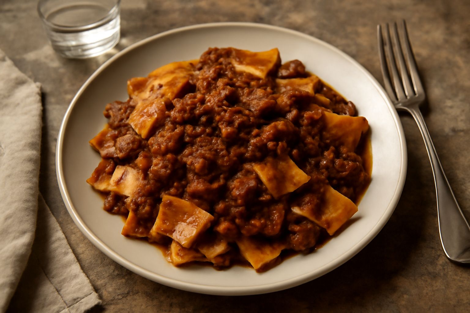 Maltagliati al ragù di cinghiale serviti in un piatto bianco fondo, con ragù marrone scuro che avvolge i pezzi di pasta irregolari, grattugiata di formaggio grattugiato e prezzemolo fresco sulla sommi