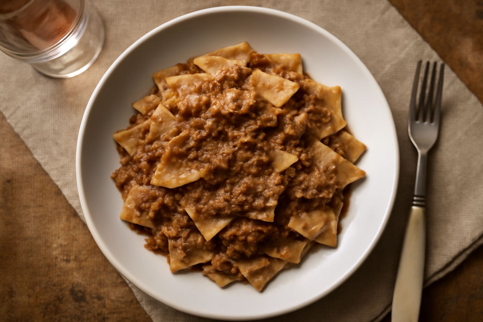 Piatto di maltagliati al ragù di coniglio serviti in ciotola bianca: pasta irregolare ricoperta di ragù marrone scuro, spolverizzata di parmigiano grattato e prezzemolo fresco, con un cucchiaio di leg
