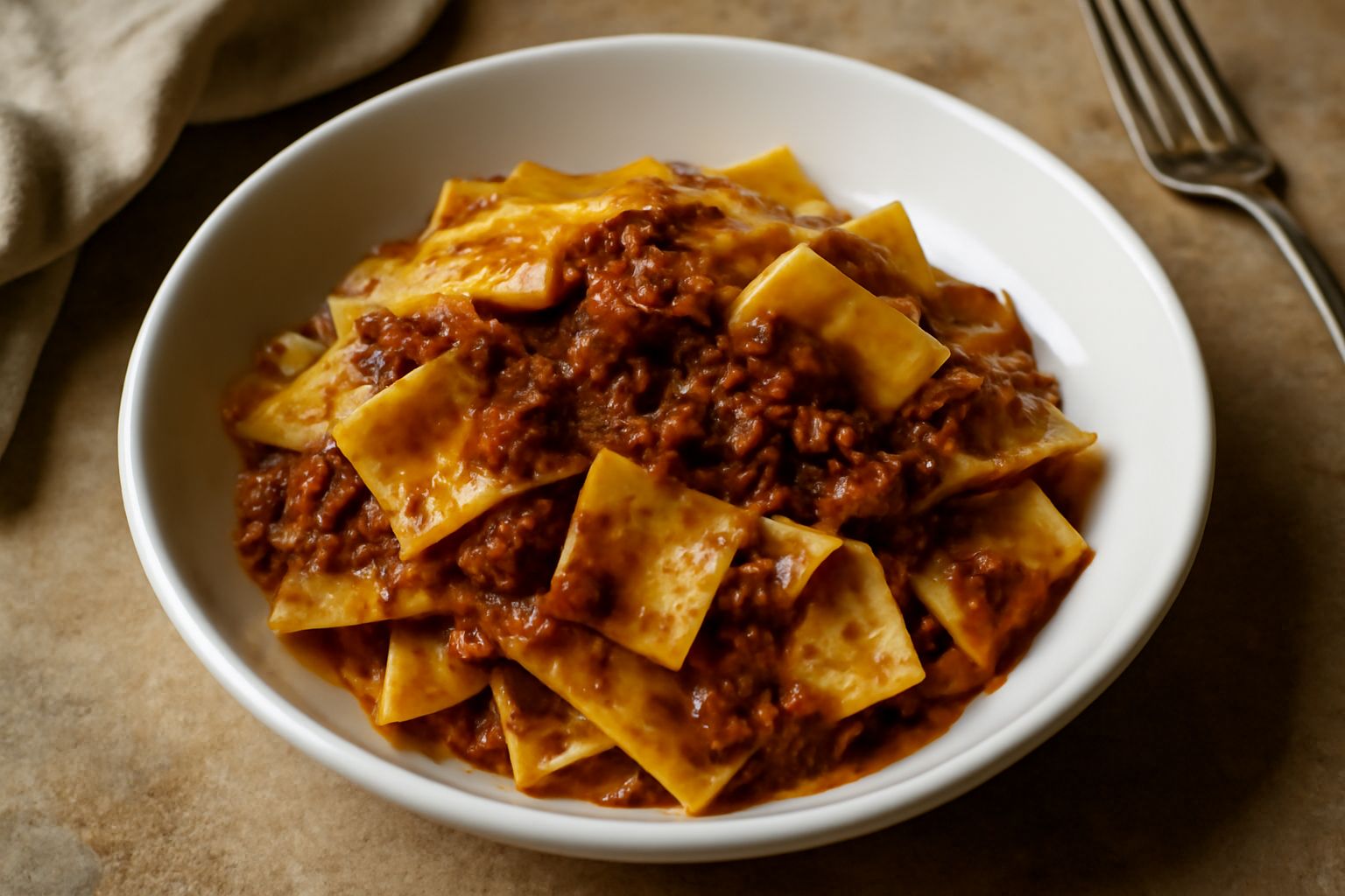 Piatto di maltagliati al ragù di lepre: pasta irregolare ricoperta di sugo scuro e denso, guarnita con formaggio grattugiato, in piatto bianco su tavolo di legno naturale