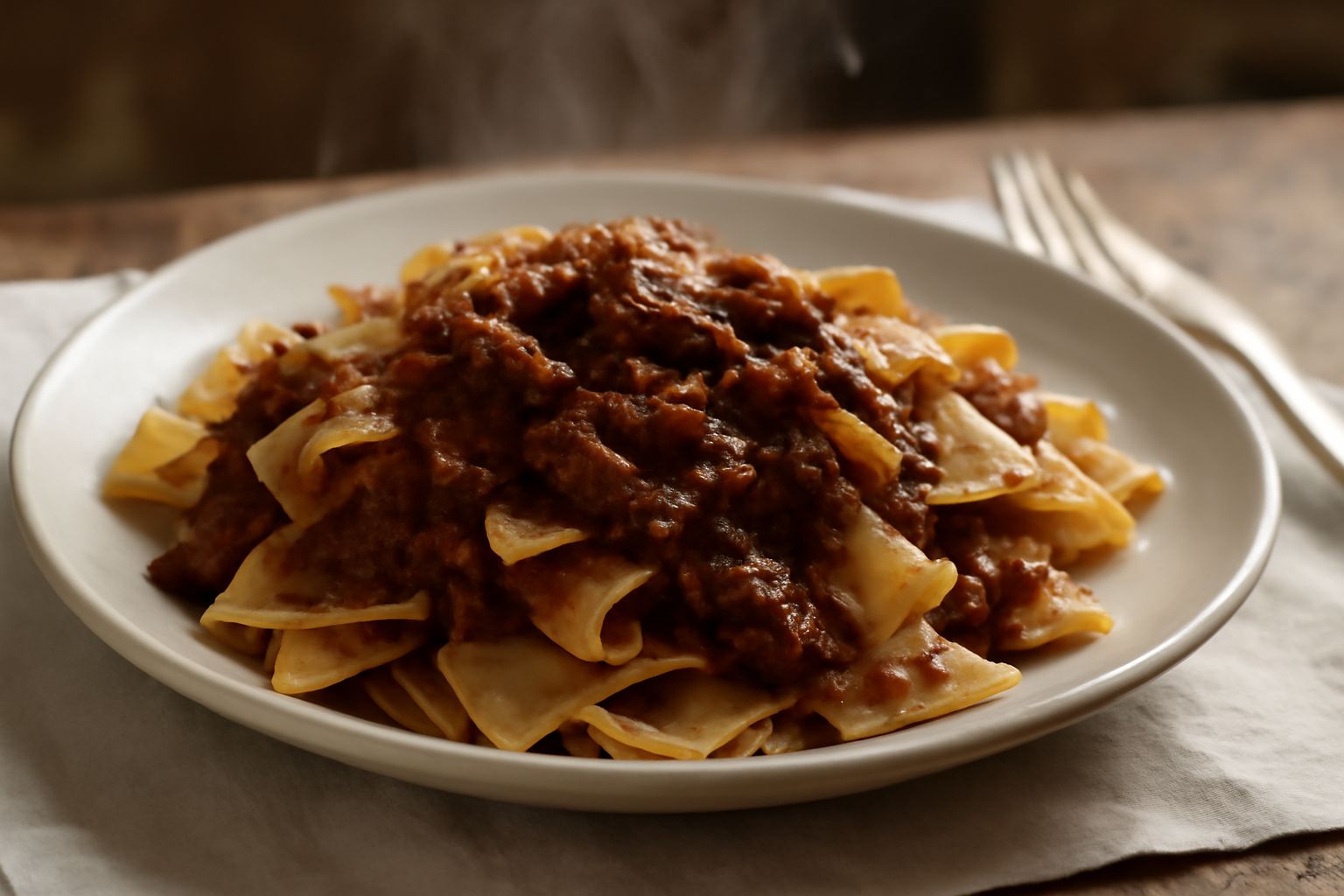 Maltagliati al sugo di lepre serviti in piatto fondo bianco, pasta irregolare rivestita da ragù scuro e brillante, guarnito con grana padano grattugiato e prezzemolo fresco, fondo in legno naturale