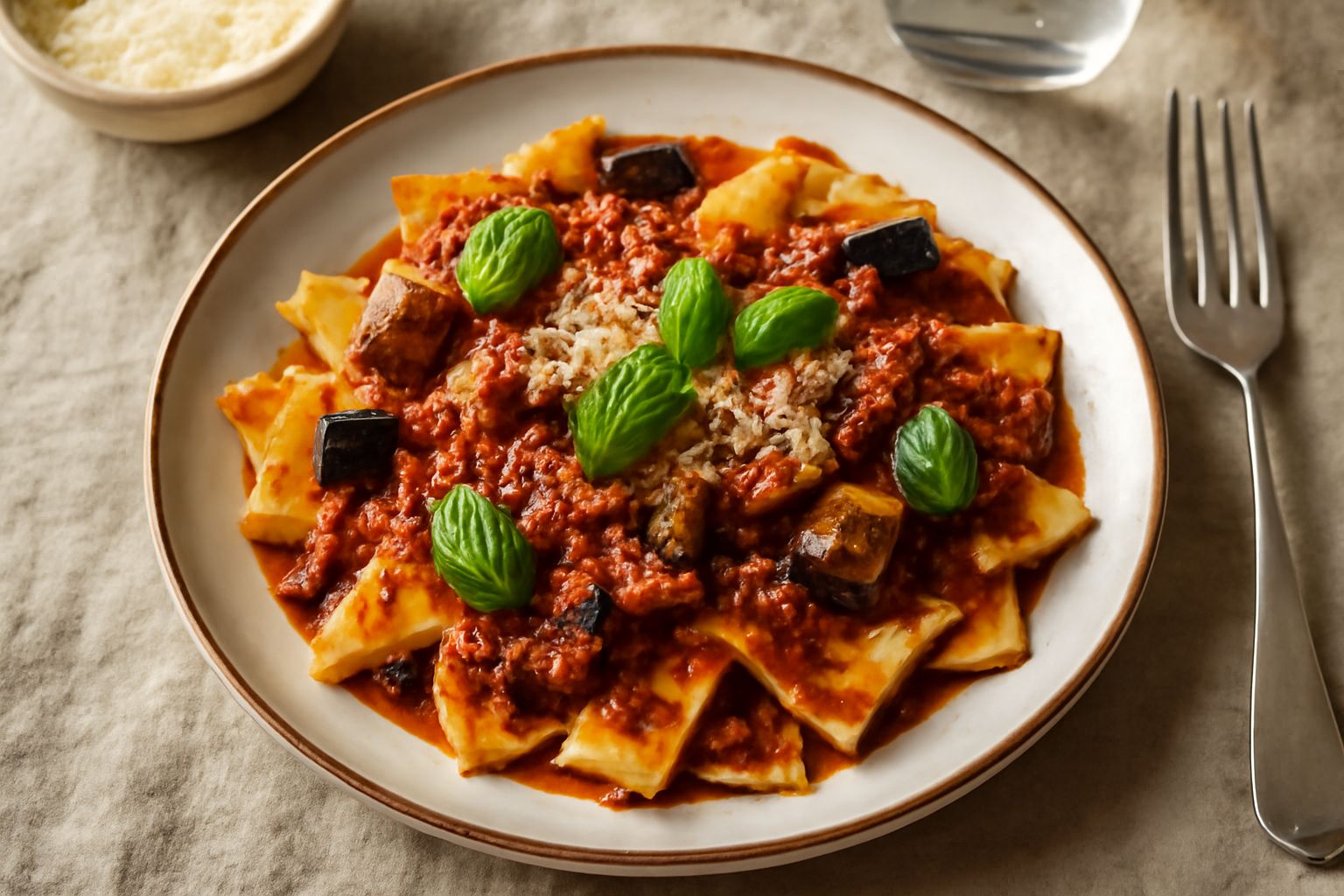 Piatto di maltagliati irregolari ricoperti di ragù rosso scuro con pezzi di melanzana viola, foglie di basilico verde e parmigiano grattugiato, serviti in ciotola di ceramica bianca su tavolo di legno