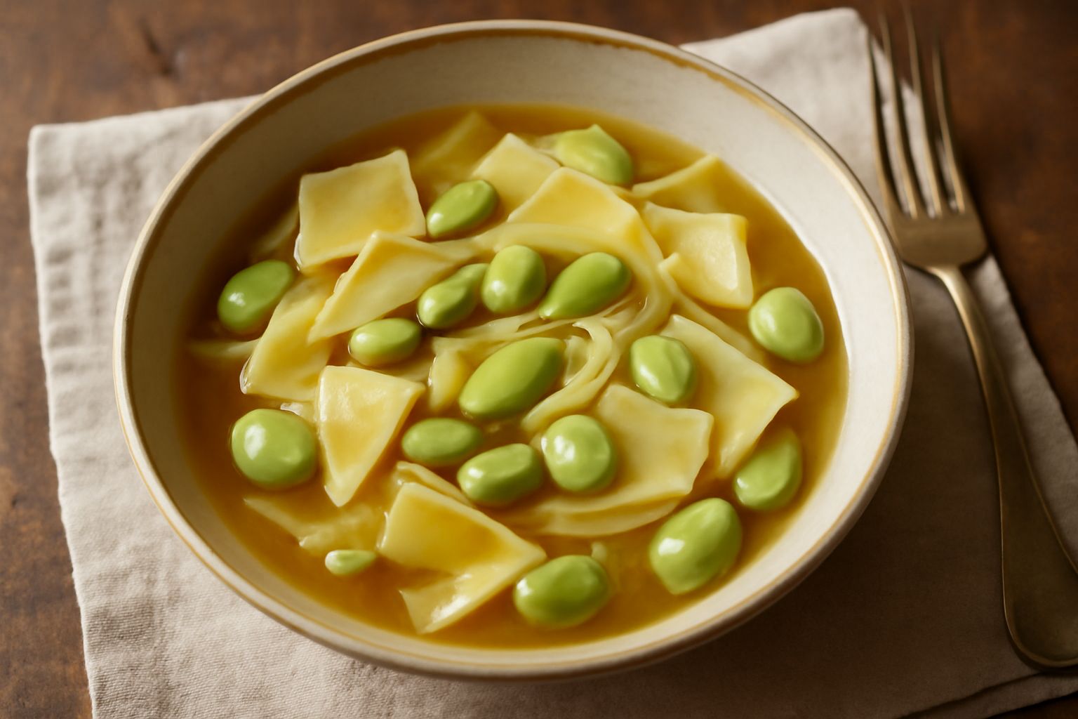 Una ciotola di ceramica bianca con maltagliati irregolari di pasta gialla, fave tenere verde chiaro, cipolla dorata, brodo trasparente e filo di olio verde sulla superficie. Sfondo di legno rustico.