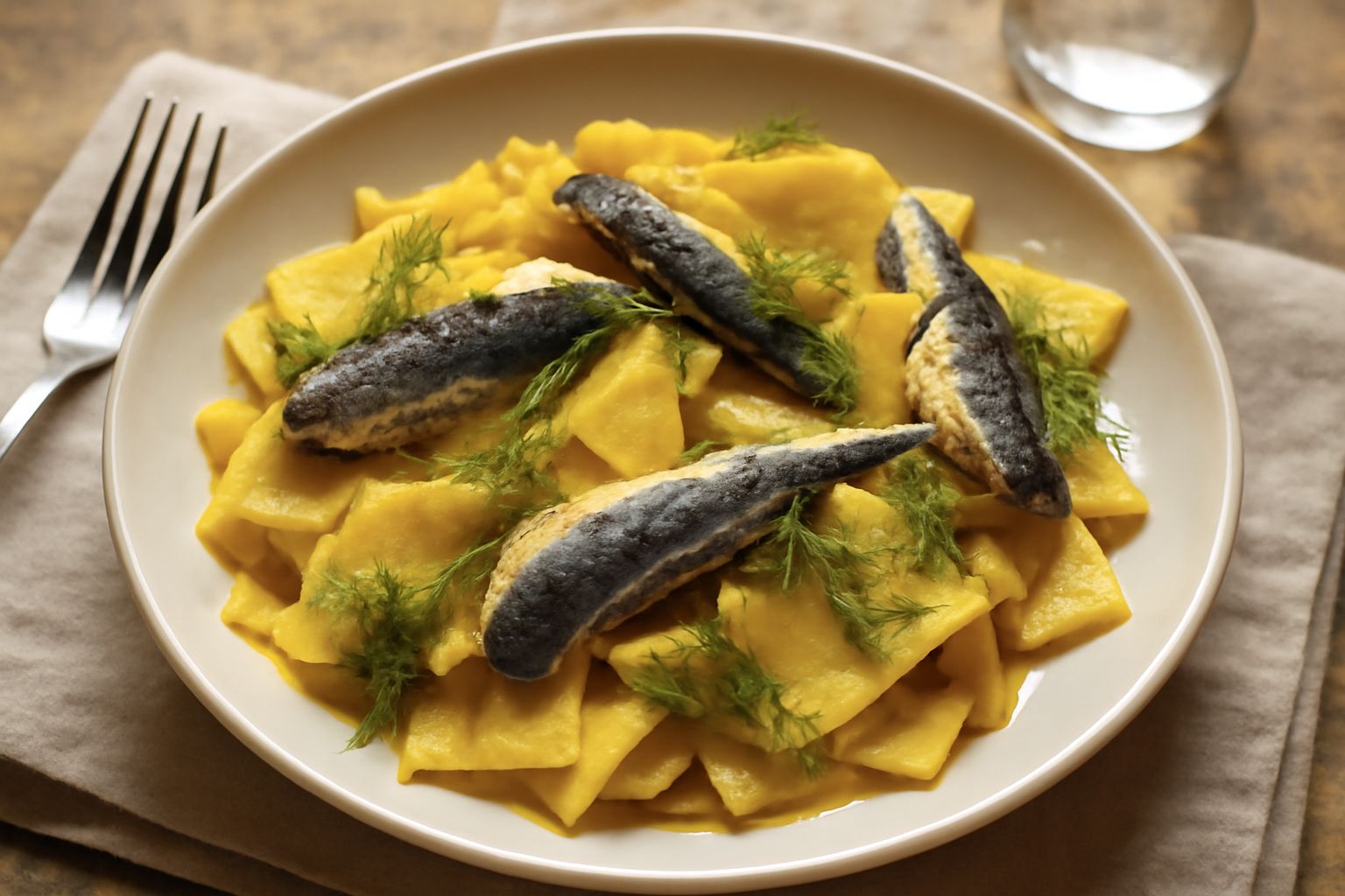 Piatto di maltagliati ca' le sarde con pasta gialla dallo zafferano, sarde intere, finocchietto verde e olio, impiattati in piatto bianco